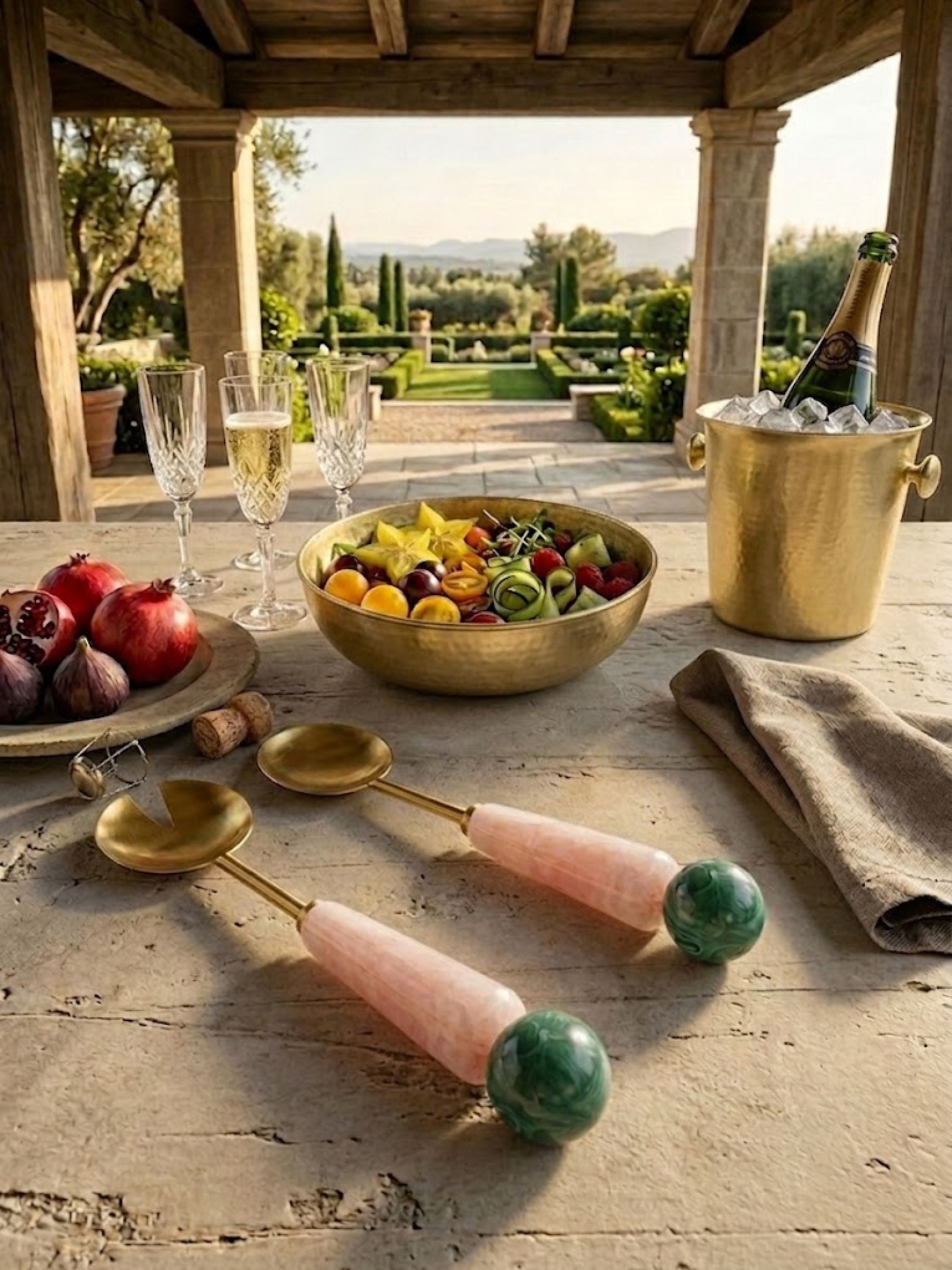Alternate view of the Copenhagen salad servers styled for outdoor dining beside the hammered serving bowl and champagne.