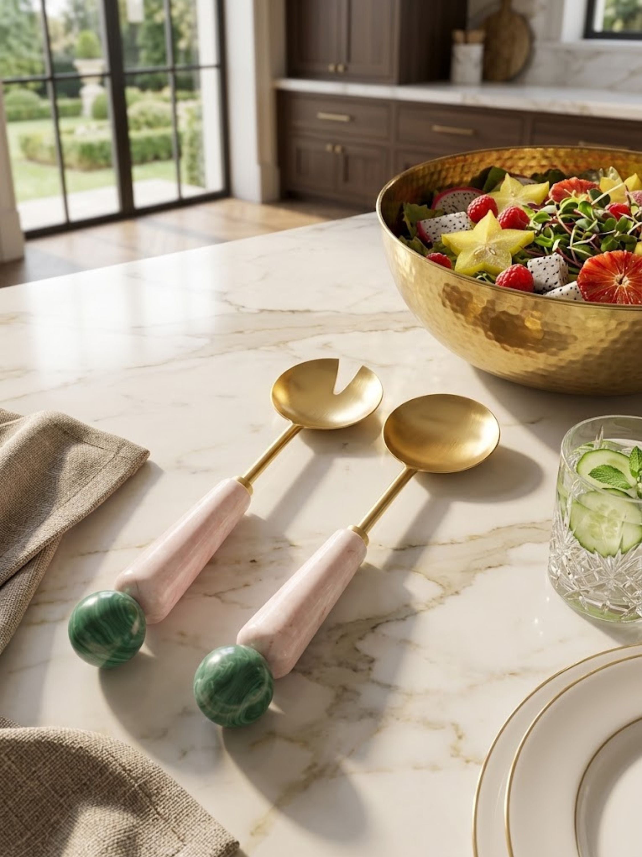 Copenhagen resin salad servers styled for outdoor dining alongside a hammered serving bowl and champagne setting, bringing warmth and elegance to alfresco gatherings.