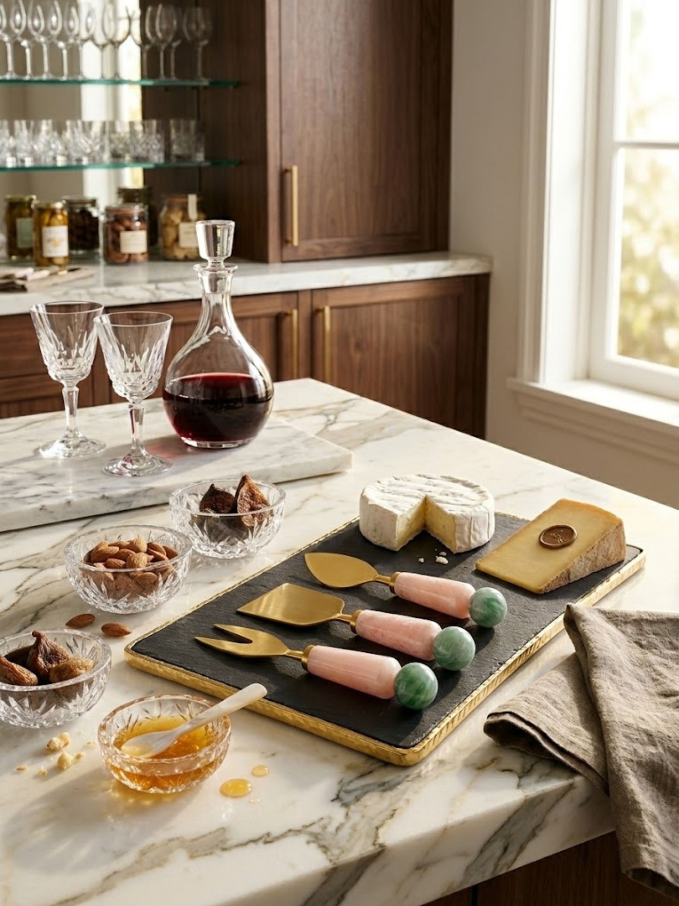 Copenhagen handcrafted cheese knives with sculptural resin handles and gold-toned blades displayed beside charcuterie essentials on a marble countertop.