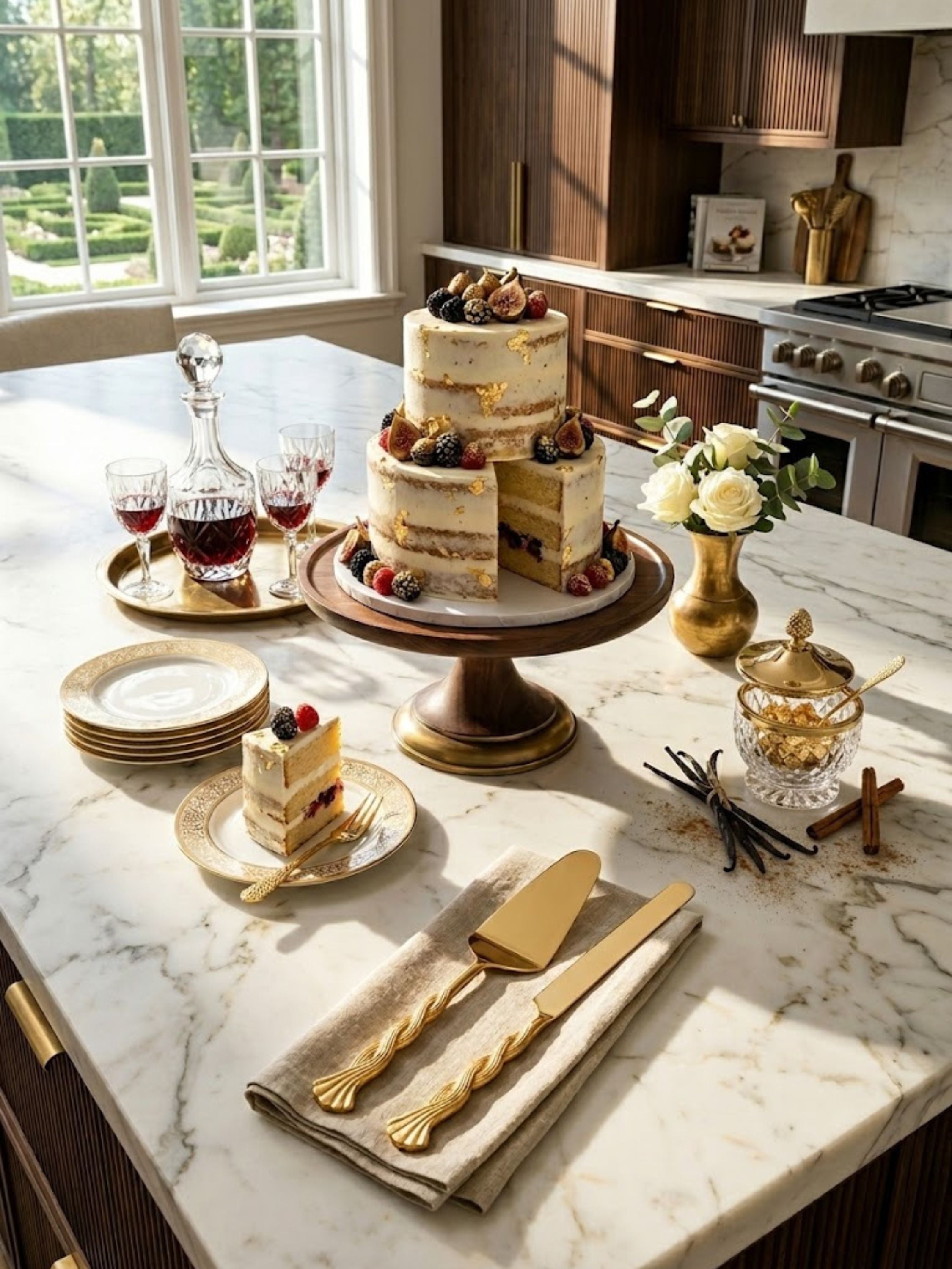 Santiago gold cake server set styled beside a layered celebration cake on a marble island, featuring sculpted gold handles.