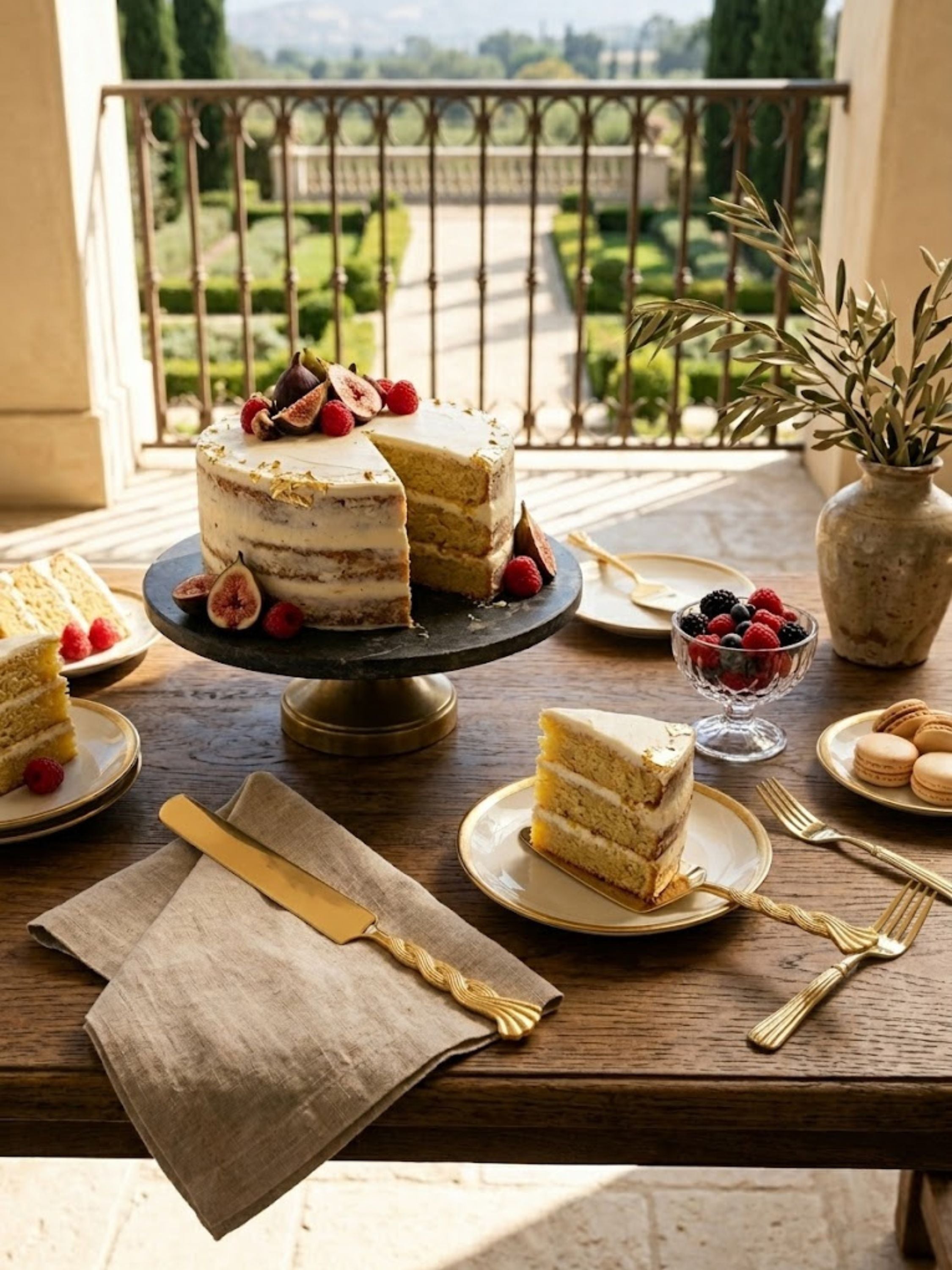 Santiago gold cake knife and server displayed with a cake and dessert setting, highlighting the gold finishes and serving presentation.