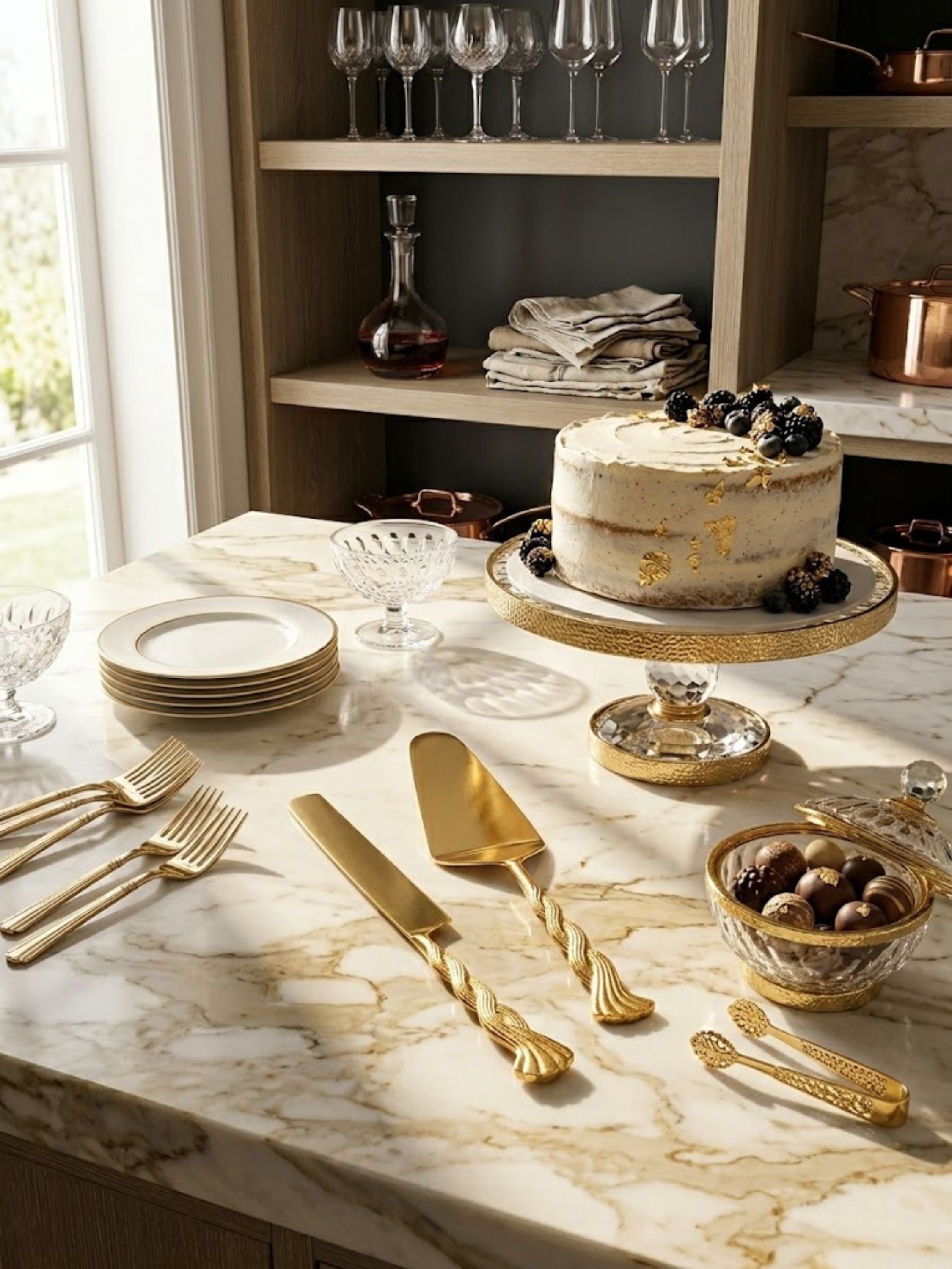 Santiago gold cake knife and server showcased on a marble countertop with celebration desserts and crystal accents, bringing sculptural elegance to dessert service.