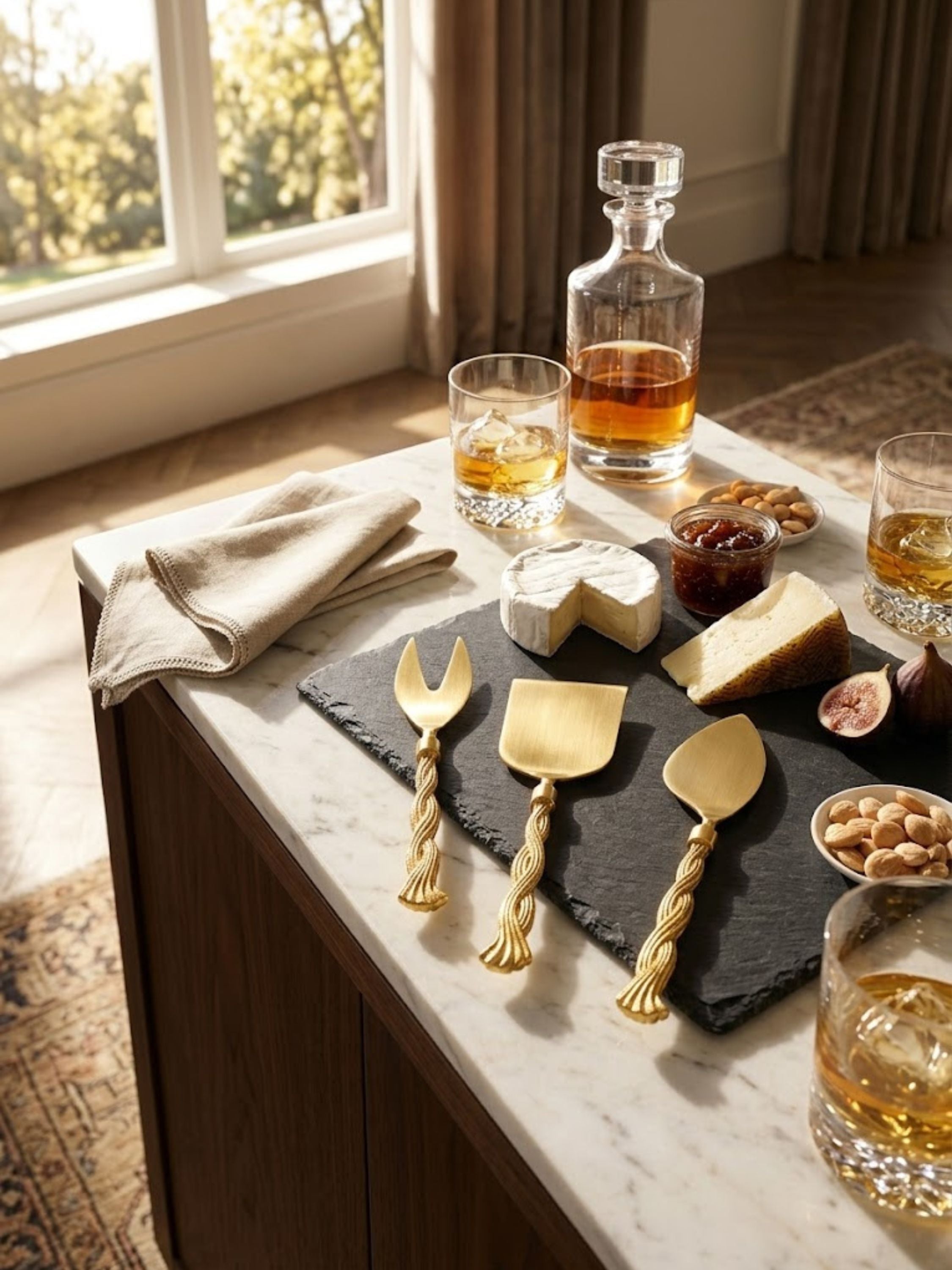 Santiago gold cheese knife set styled for outdoor entertaining with cheeses, fruit, and wine, showcasing sculptural gold detailing outdoors.