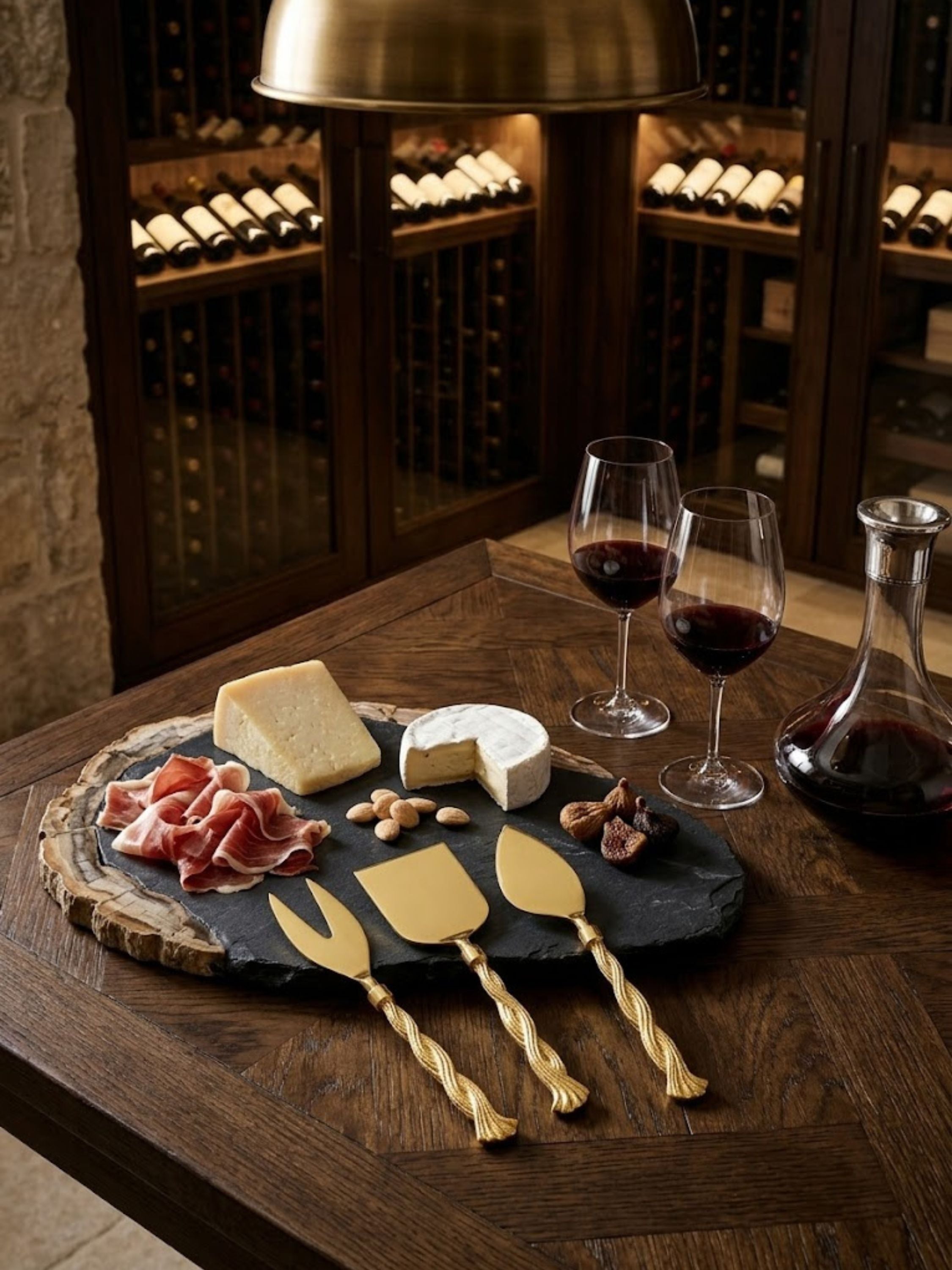 Santiago gold cheese knives displayed on a marble bar cart with cheeses and crystal glassware, adding serving accents to gatherings.