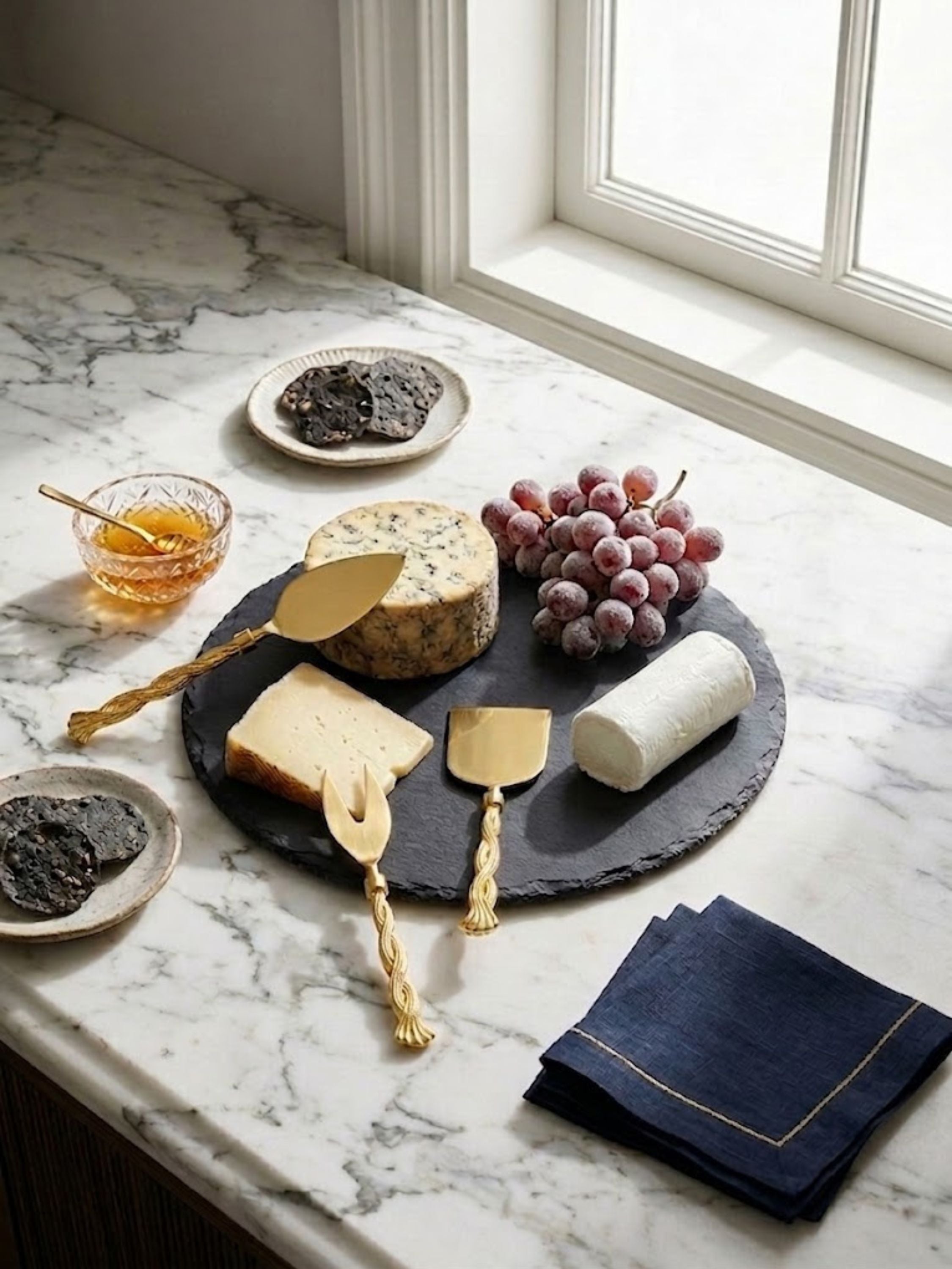 Santiago gold cheese knife set presented on a marble countertop with cheeses, preserves, and whiskey service, highlighting the gold detailing.