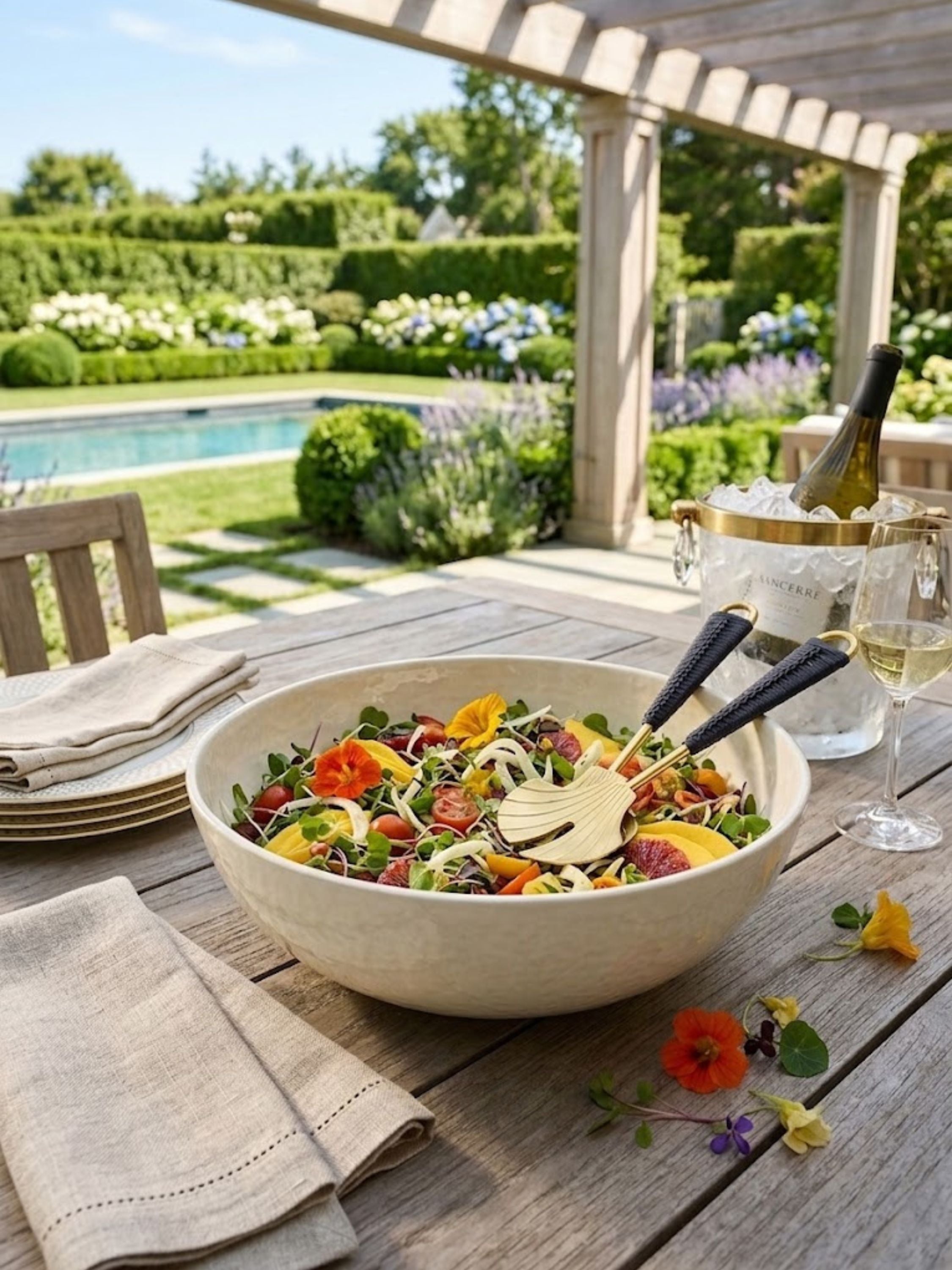 Vitali brass and rattan salad servers styled beside a ceramic serving bowl filled with seasonal salad, creating an elevated outdoor dining setting.