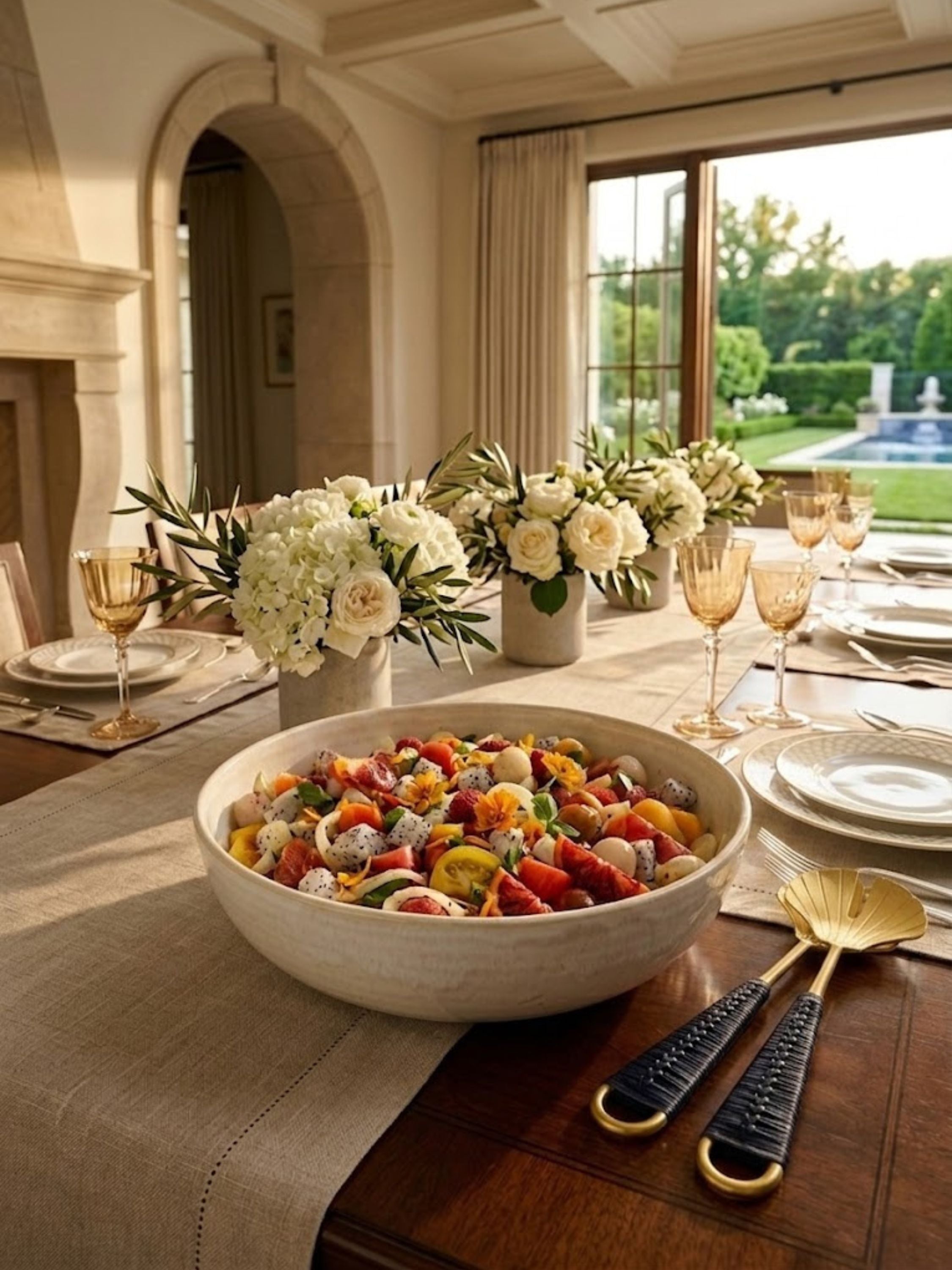 Vitali brass and rattan salad servers paired with a generous serving bowl on a formal dining table, bringing warmth and texture to gatherings.