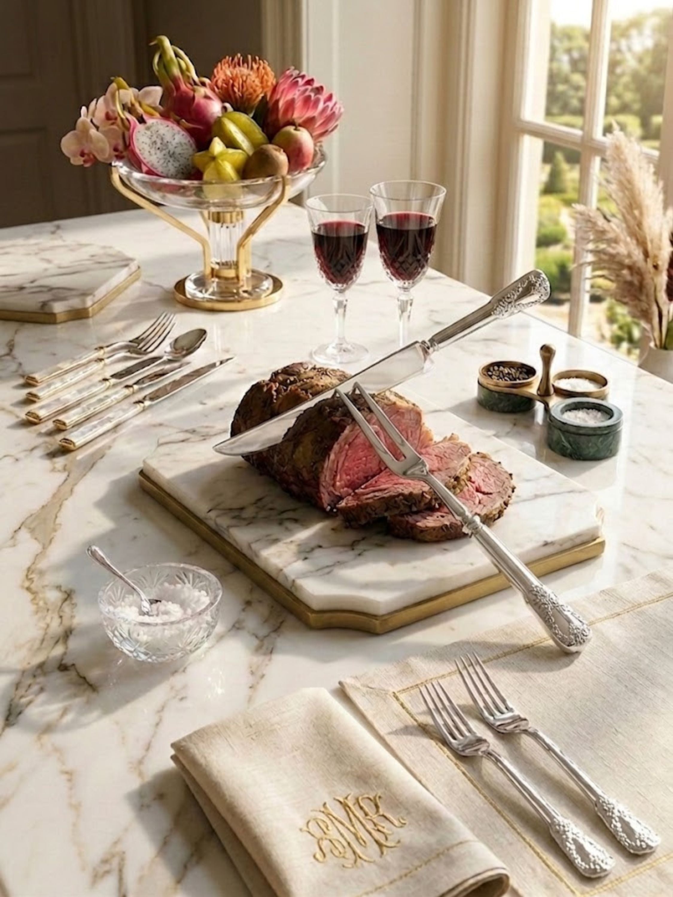 Bolivia embossed carving set displayed with a roasted beef centerpiece on a marble serving board, bringing refinement to holiday dining and entertaining.