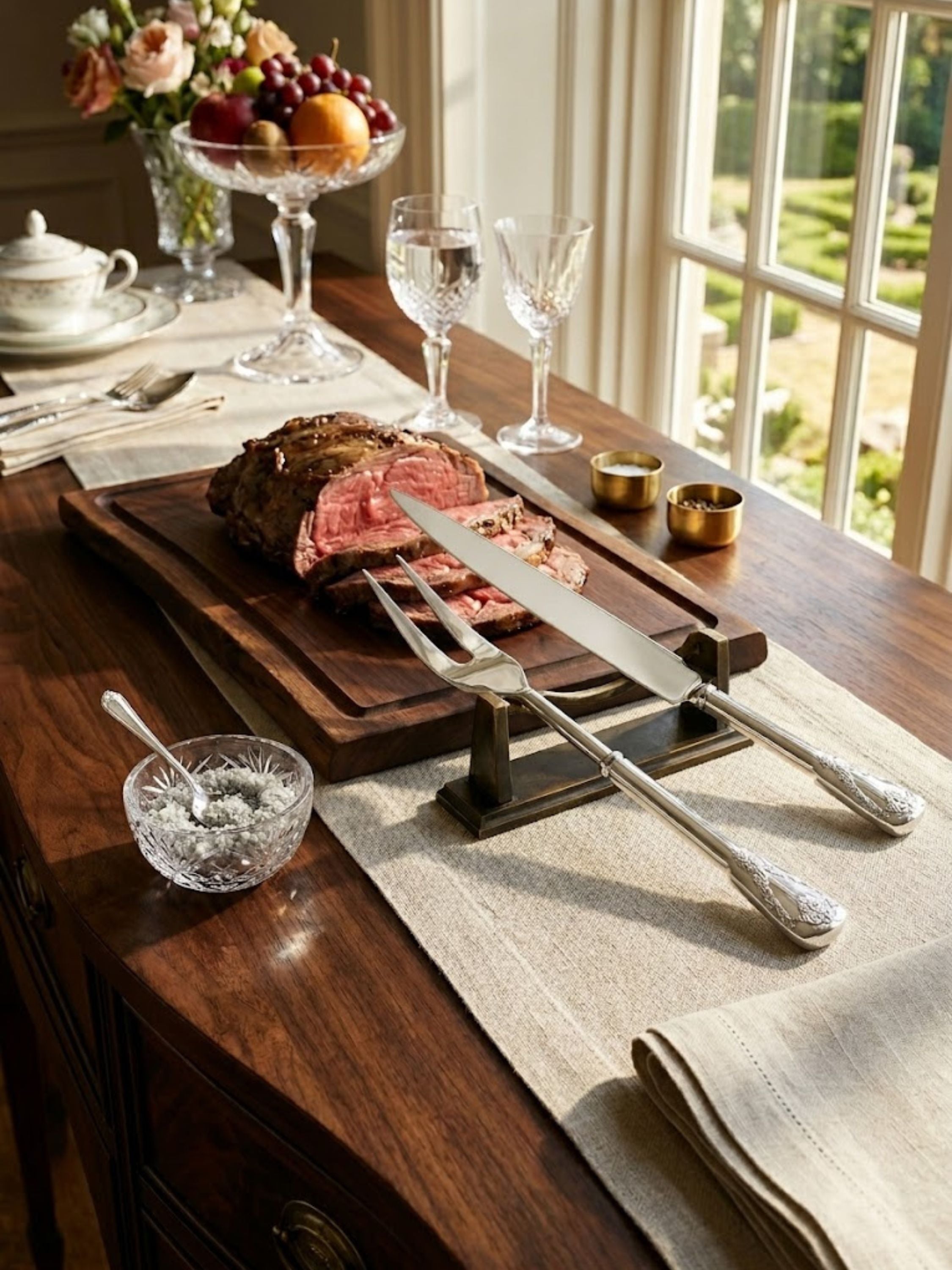 Bolivia embossed carving set arranged beside a carved roast on a walnut serving board, highlighting timeless craftsmanship for formal gatherings.