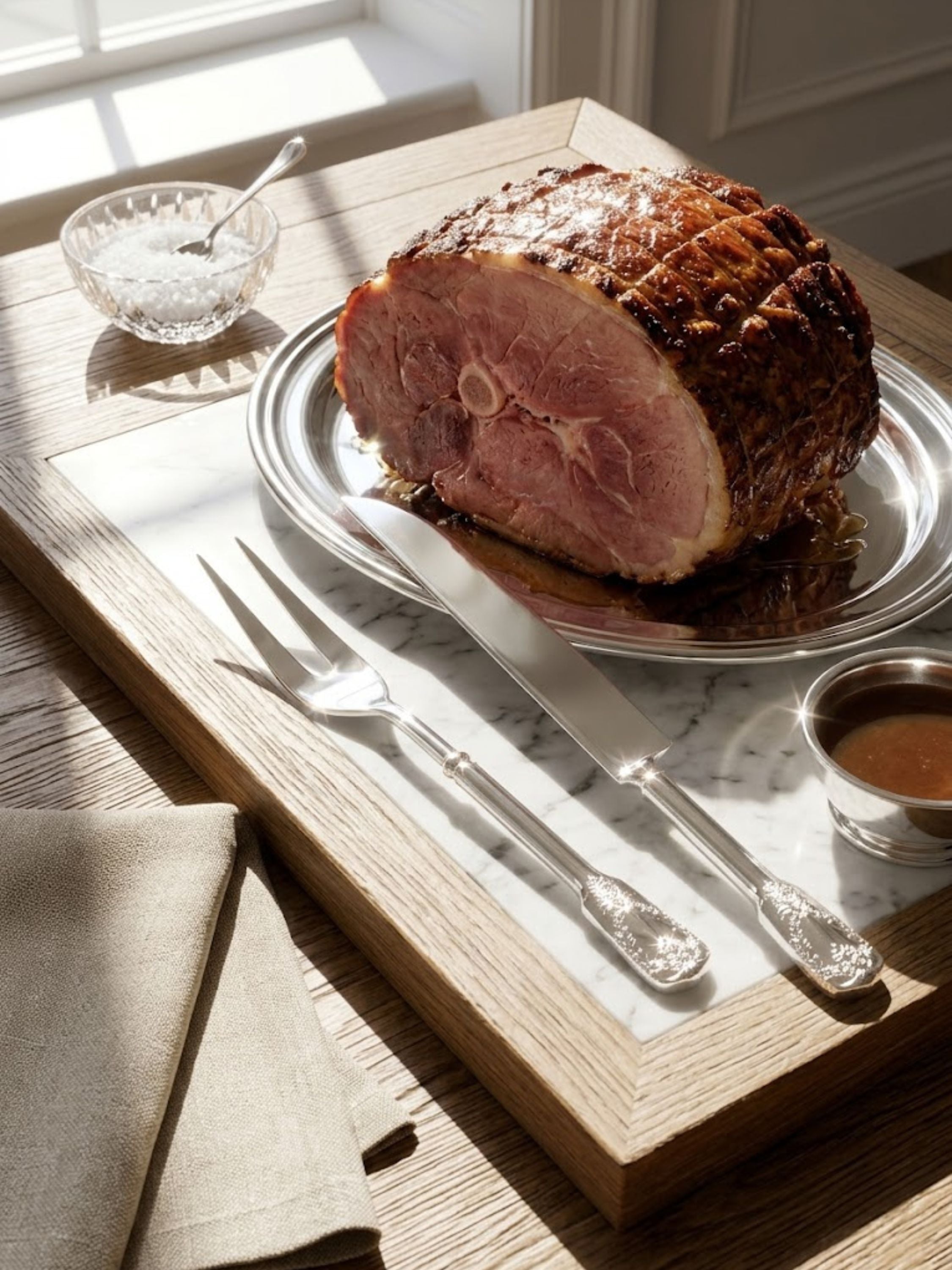 Bolivia embossed carving knife and fork styled on a marble and wood carving board with glazed ham, elevating presentation for celebratory meals.