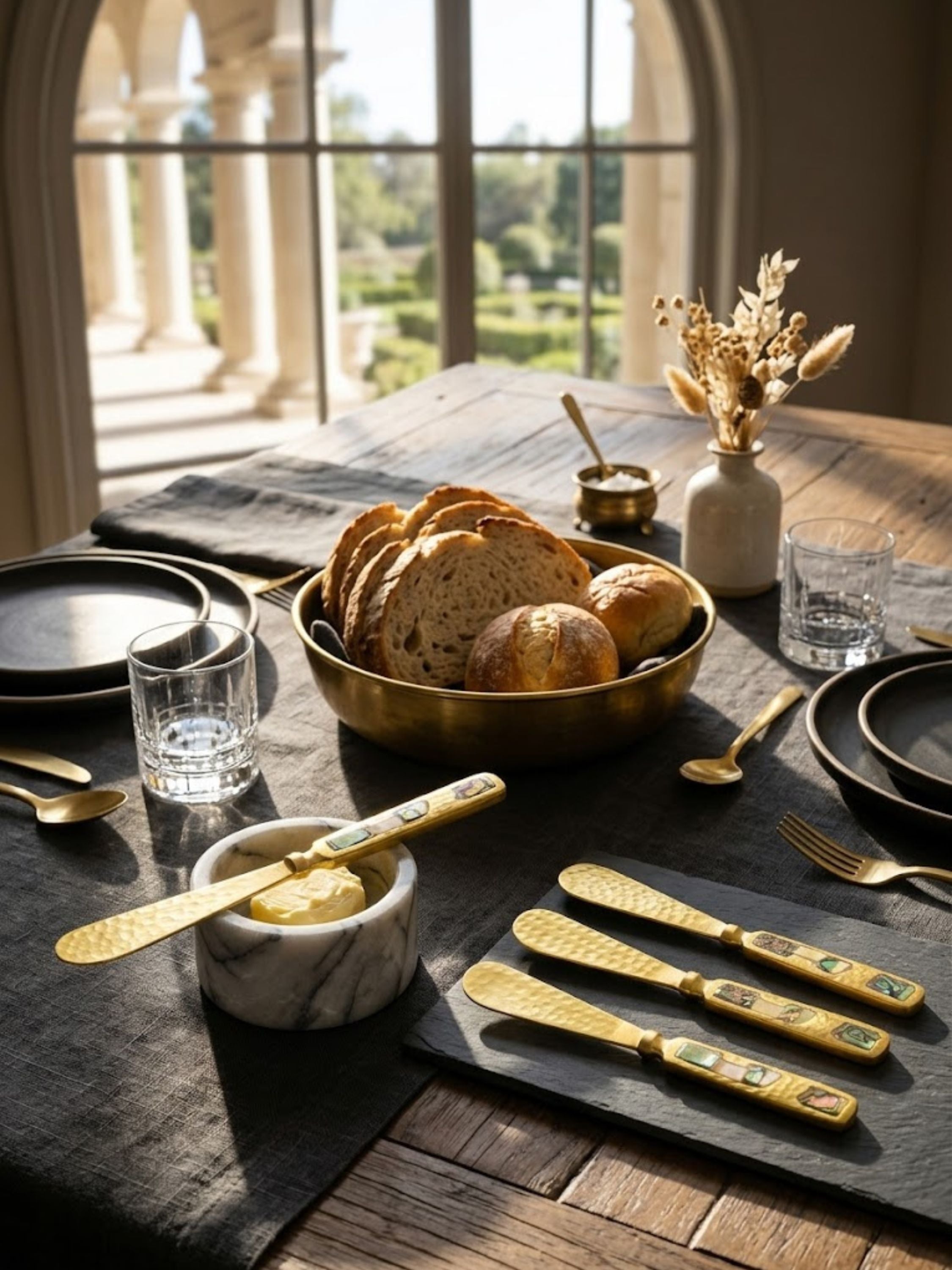 Sisley gold butter knives arranged beside a marble butter dish and artisan bread basket, bringing warmth and refinement to a thoughtfully styled breakfast table.