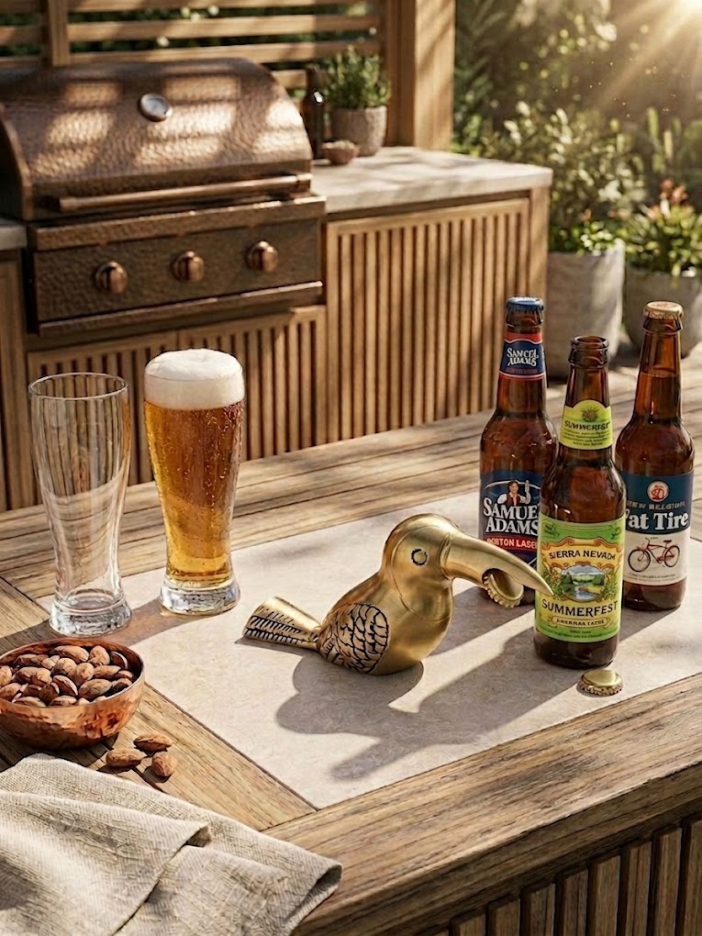 Goldie bird bottle opener displayed with craft beer service on a sunlit outdoor bar, introducing playful character and refined brass detailing to casual hosting moments.