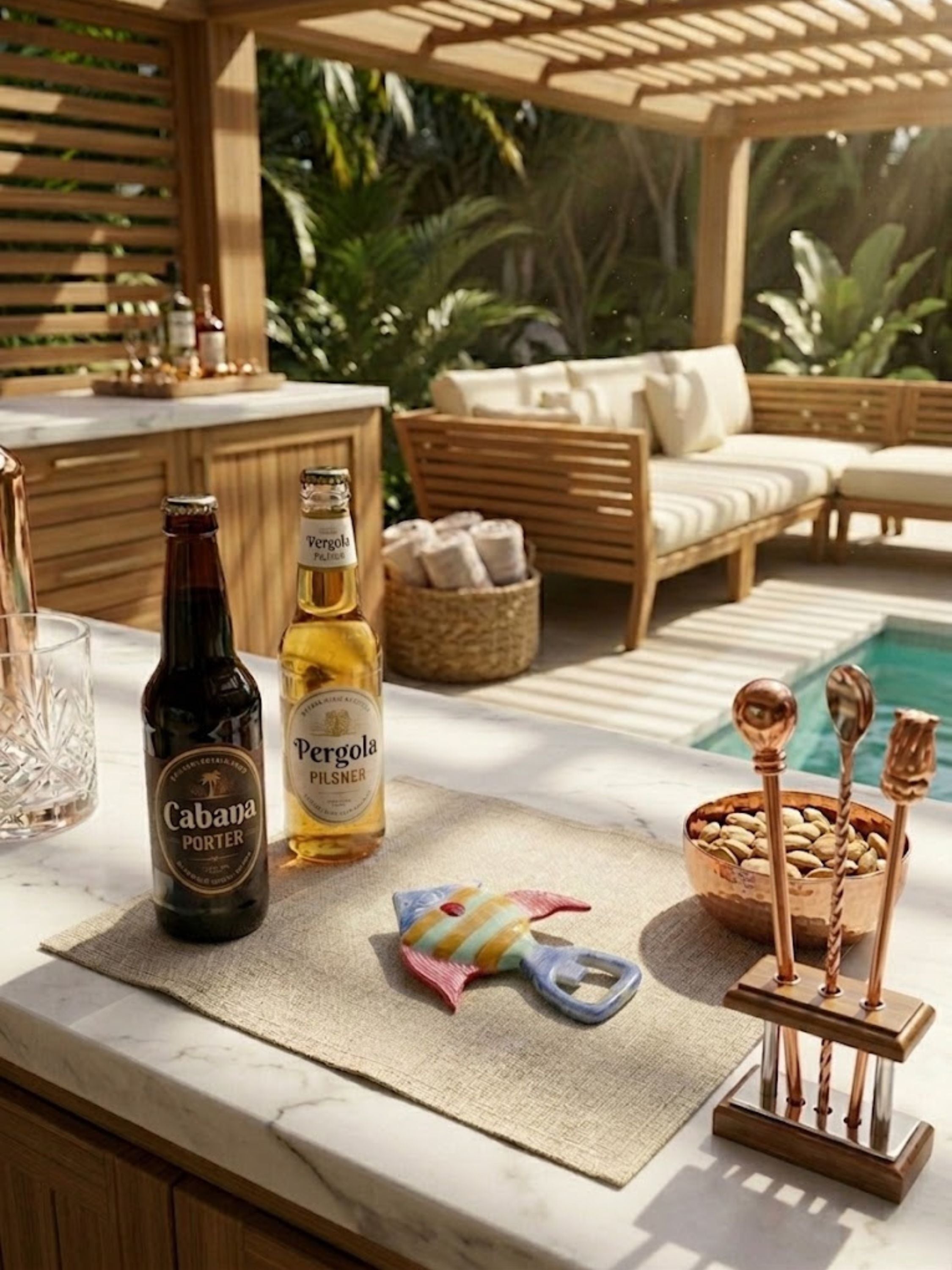 Sparky fish bottle opener featured in a poolside entertaining setting with refreshments and cocktail tools, adding colorful personality and conversation-worthy appeal to outdoor occasions.