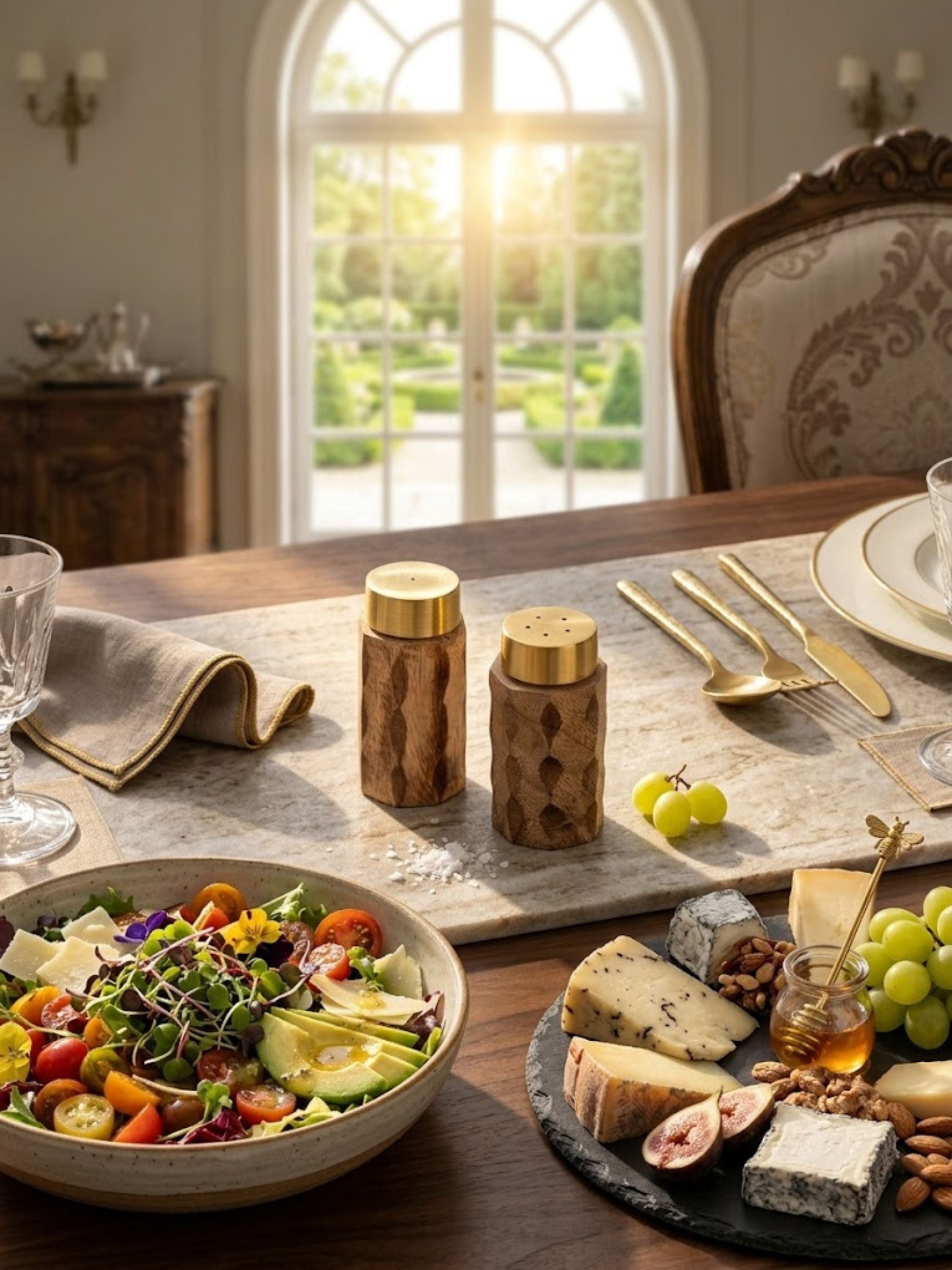 Macello salt and pepper shakers styled beside a curated cheese board and seasonal salad, showcasing sculpted wood grain and brass accents for elevated table settings.