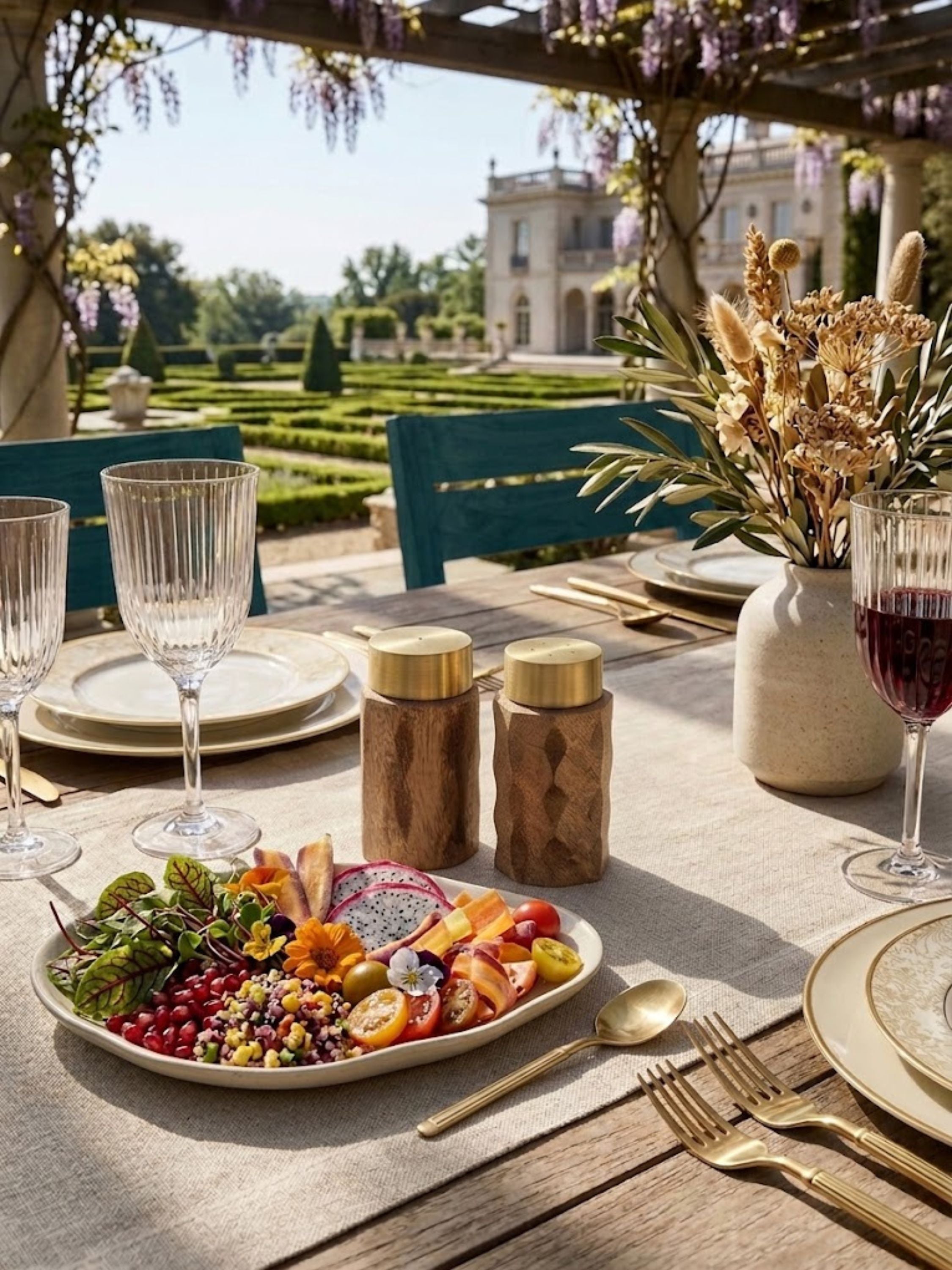 Macello salt and pepper shakers displayed on a garden dining table, bringing warm wood textures and refined brass detailing to outdoor entertaining and shared meals.
