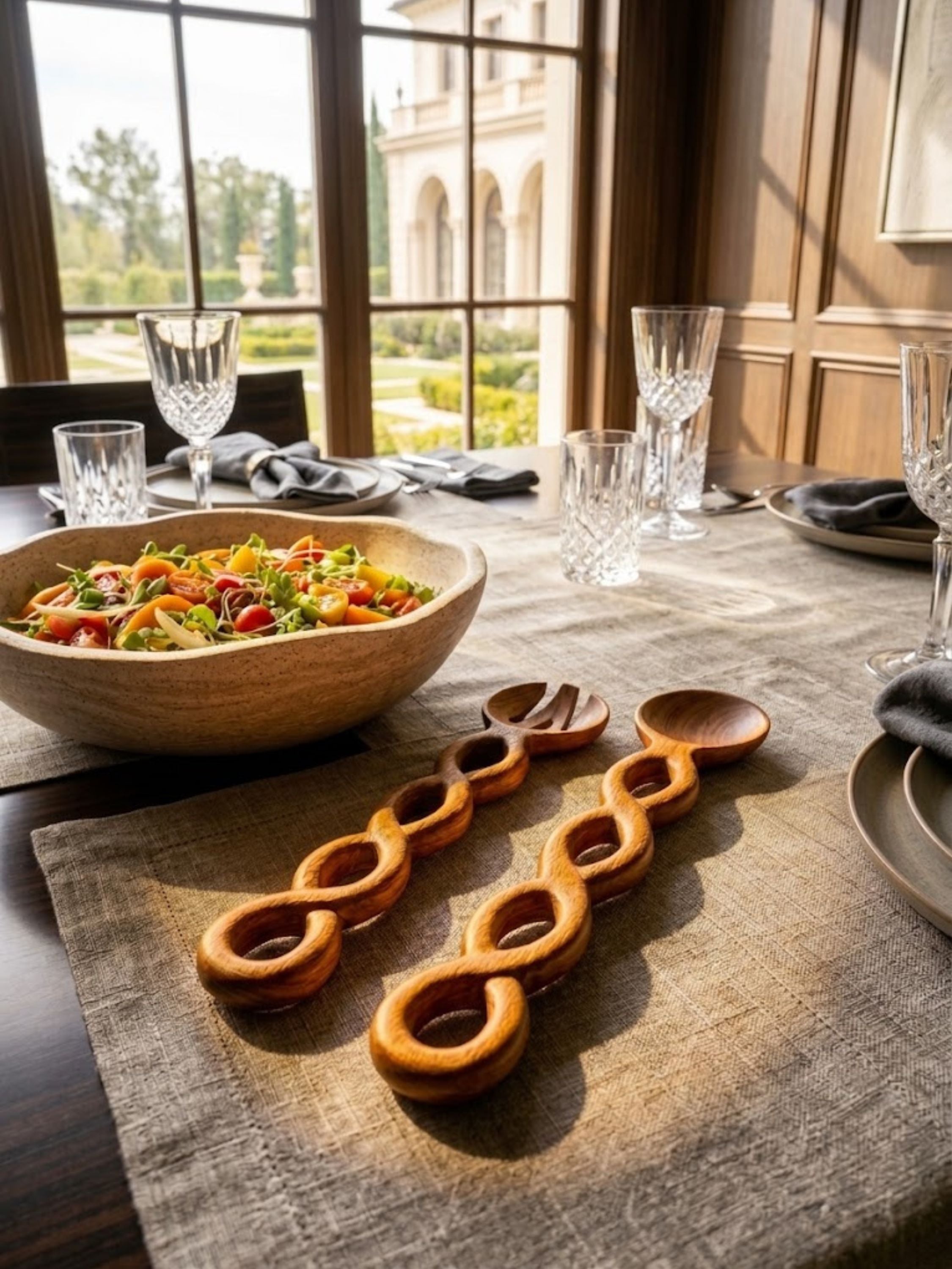 Valencia acacia salad servers styled beside a fresh seasonal salad, highlighting the carved acacia wood and distinctive silhouette.