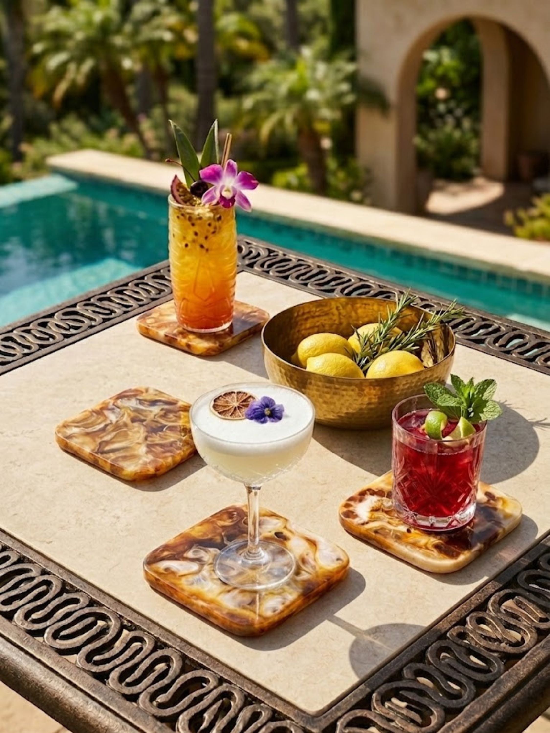 Kampai marbled resin coasters styled beside handcrafted cocktails in a sunlit outdoor setting, showcasing flowing amber-toned patterns for elevated poolside entertaining.