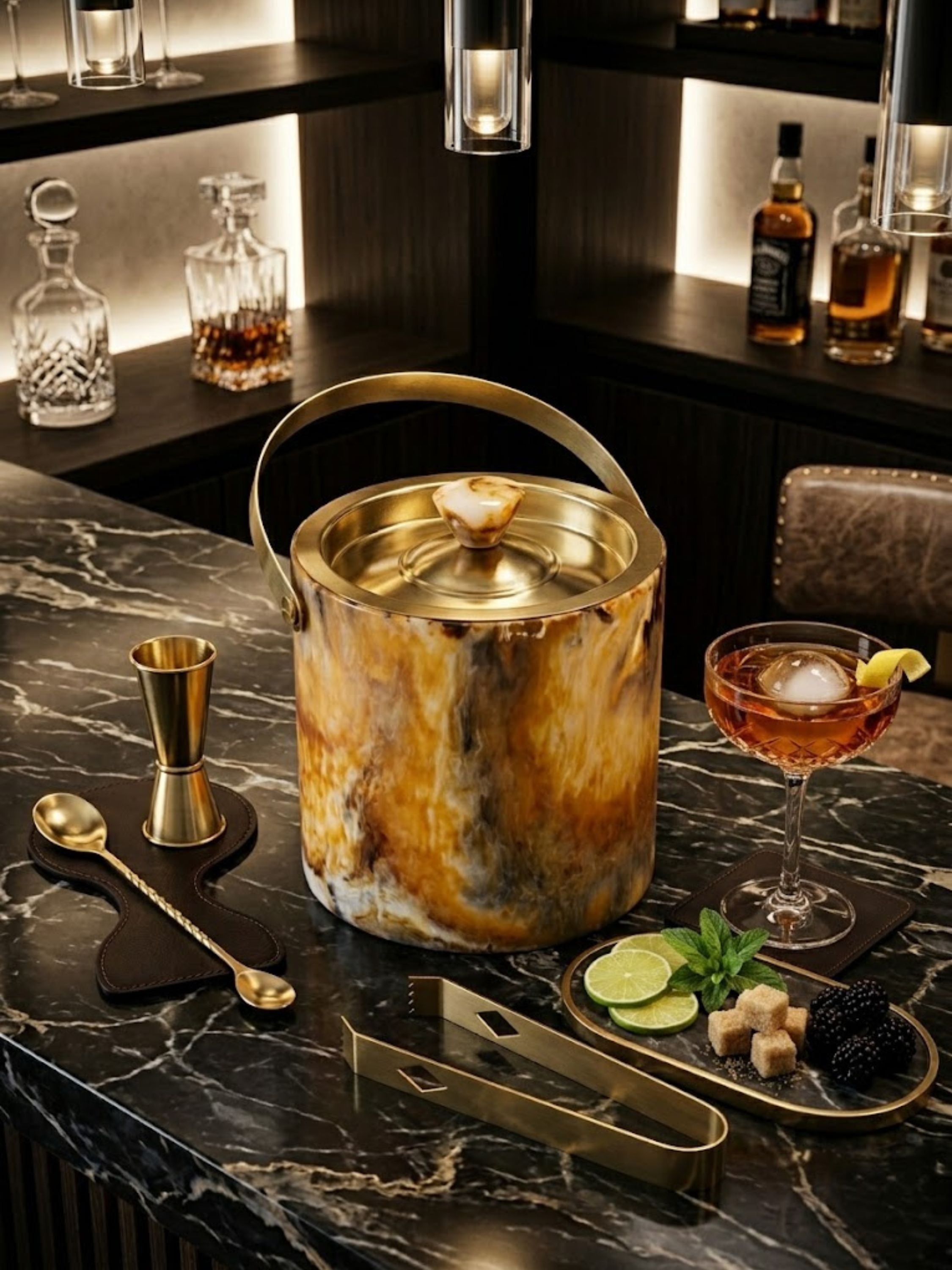 Kampai marbled resin ice bucket with warm amber and ivory swirls, styled with brass bar tools and cocktails for entertaining.