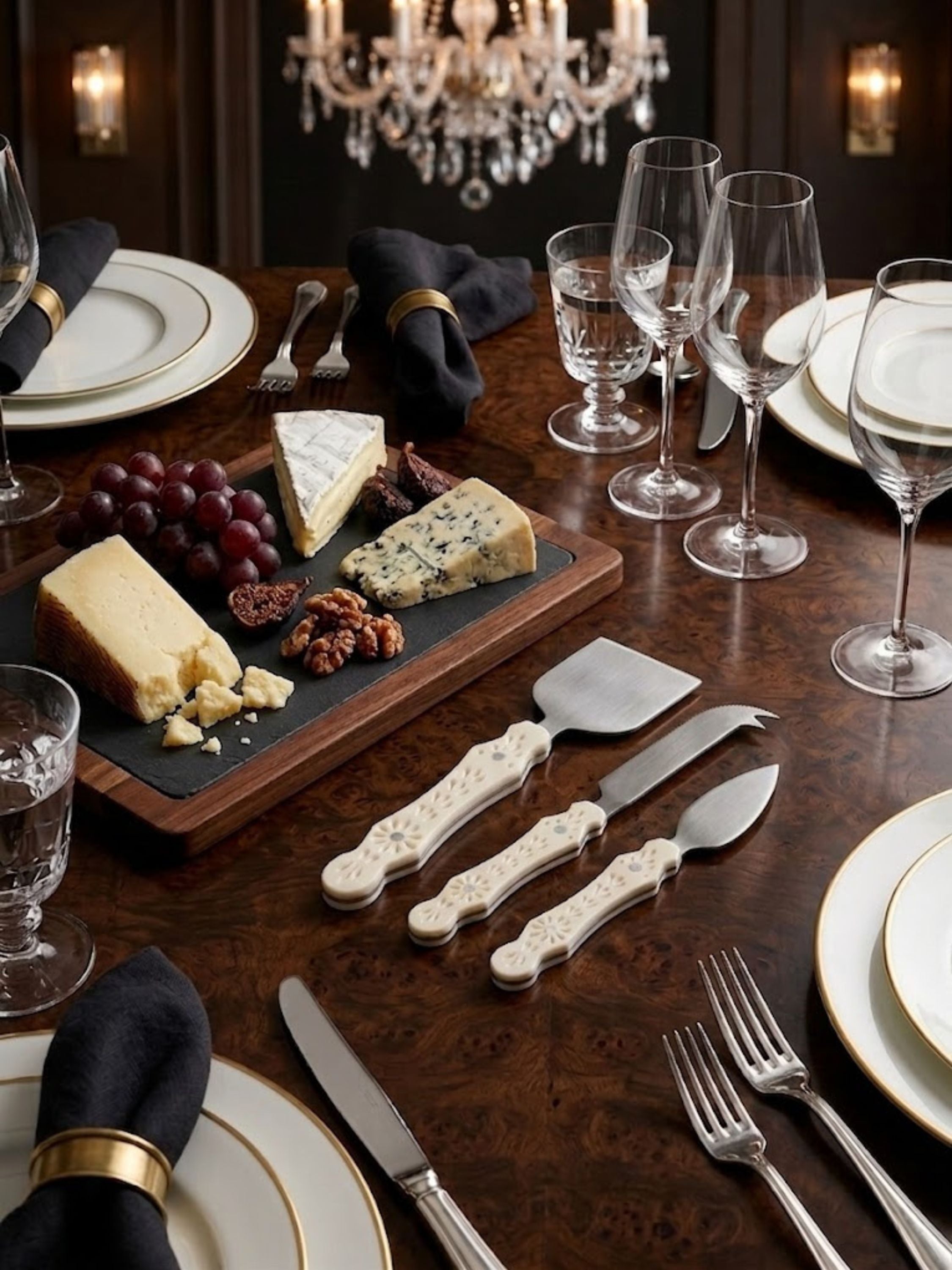 Derby carved cheese knives arranged beside an artisan cheese board, bringing refined presentation and timeless entertaining appeal to elegant dining occasions.