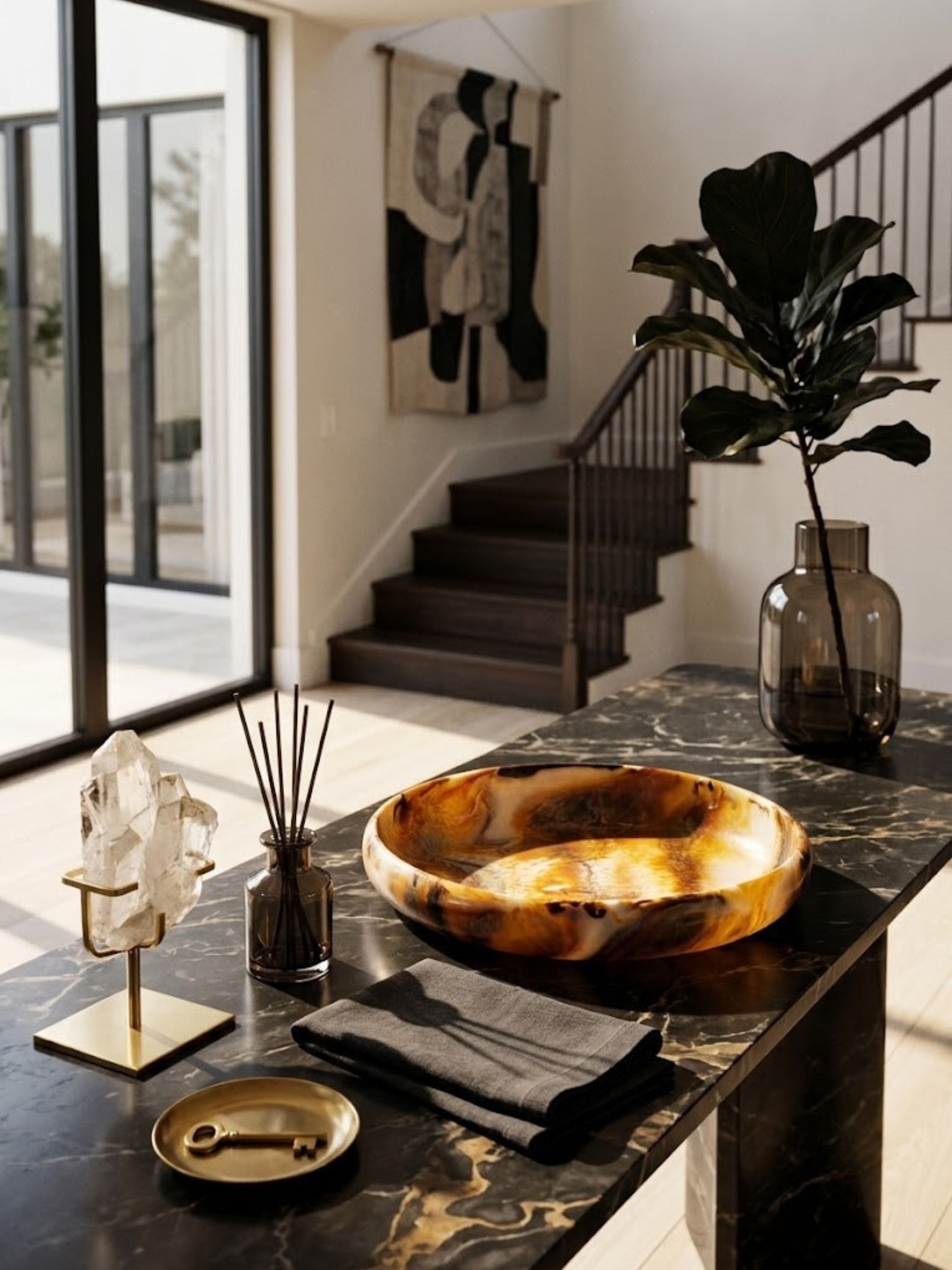 Wide, low marbled resin bowl in amber and brown tones, styled on an entryway console table.