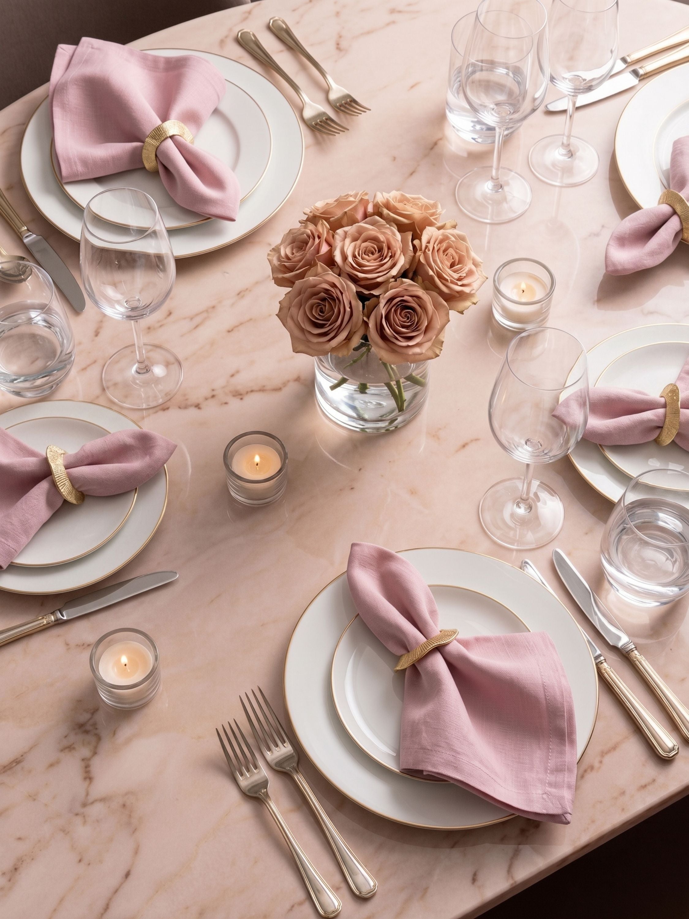 Gold napkin rings styled with pink linen napkins on a marble dining table in an elegant table setting