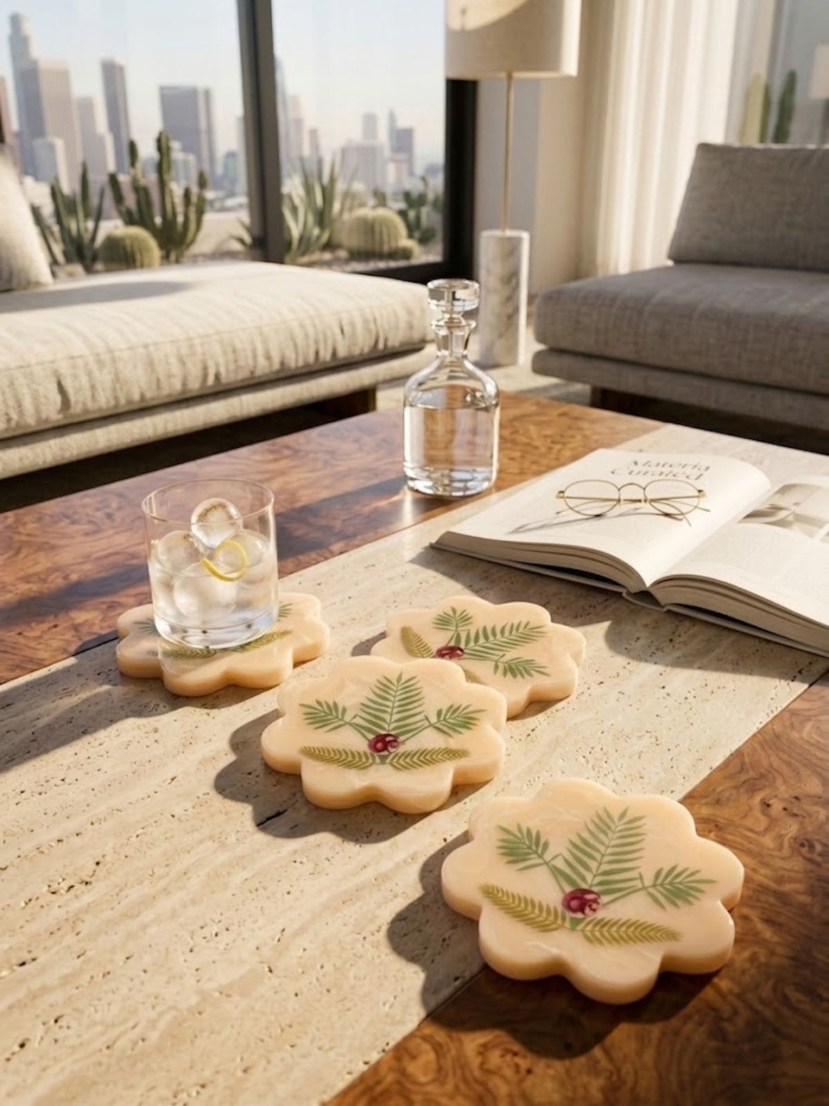 Marbled resin Trellis coasters with visible white swirl movement, styled on a table.