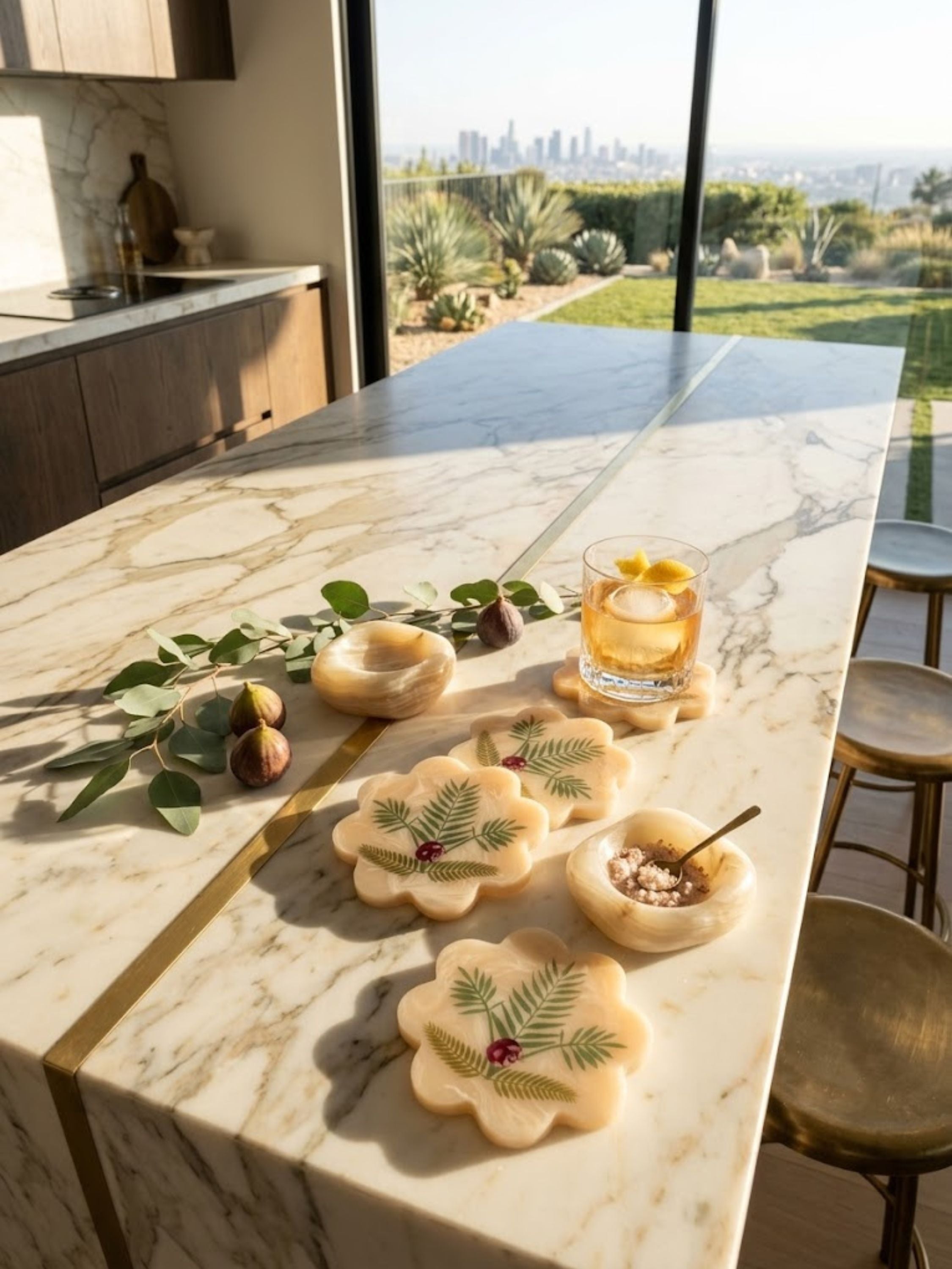 Marbled resin Trellis coasters with fern print, styled on a counter for everyday use.