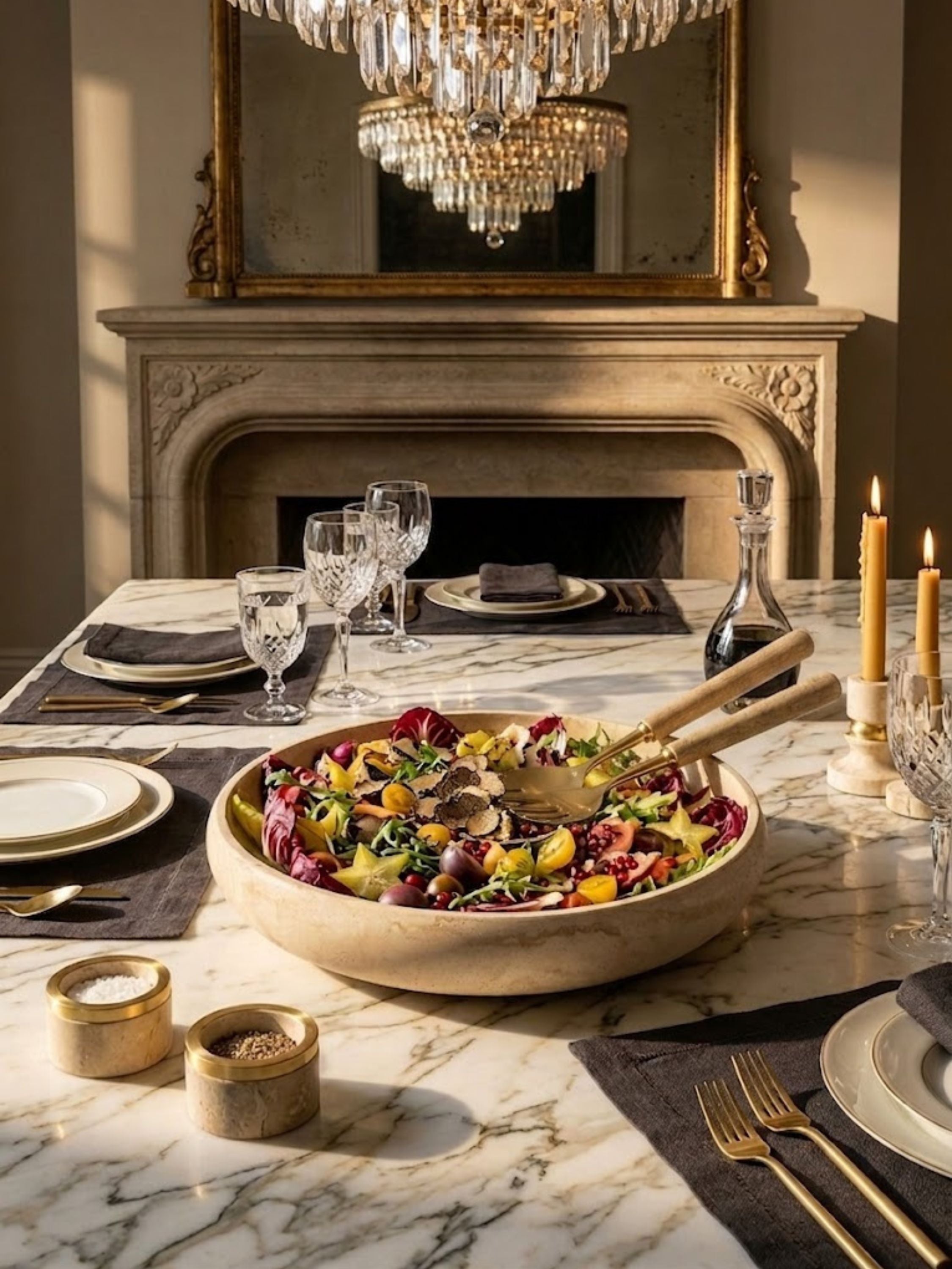 Florence salad bowl and servers styled on a marble dining table, showcasing warm wood tones and elevated presentation for elegant entertaining and shared meals.