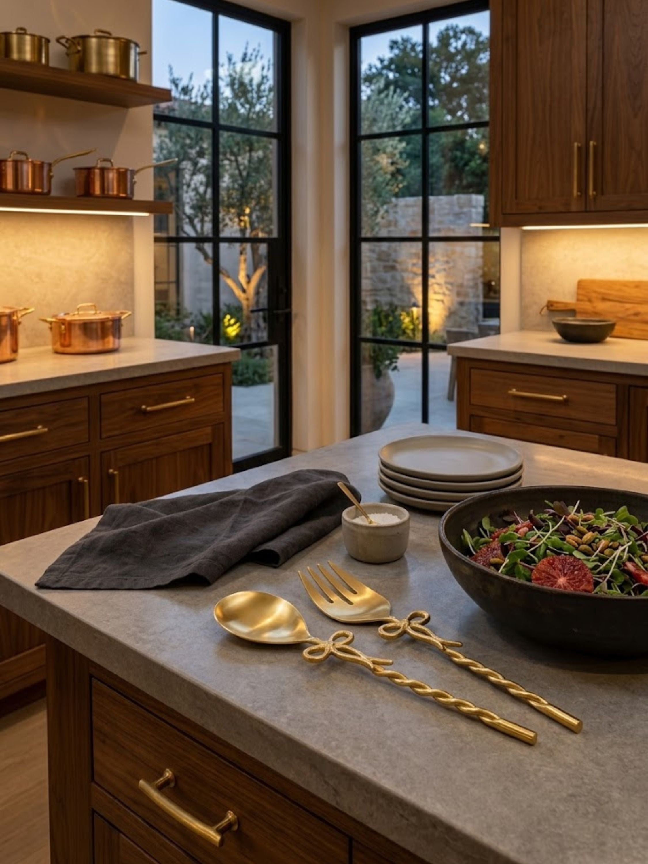 Imperial gold salad servers styled on a contemporary kitchen island beside a salad bowl, showing their matte gold handles.
