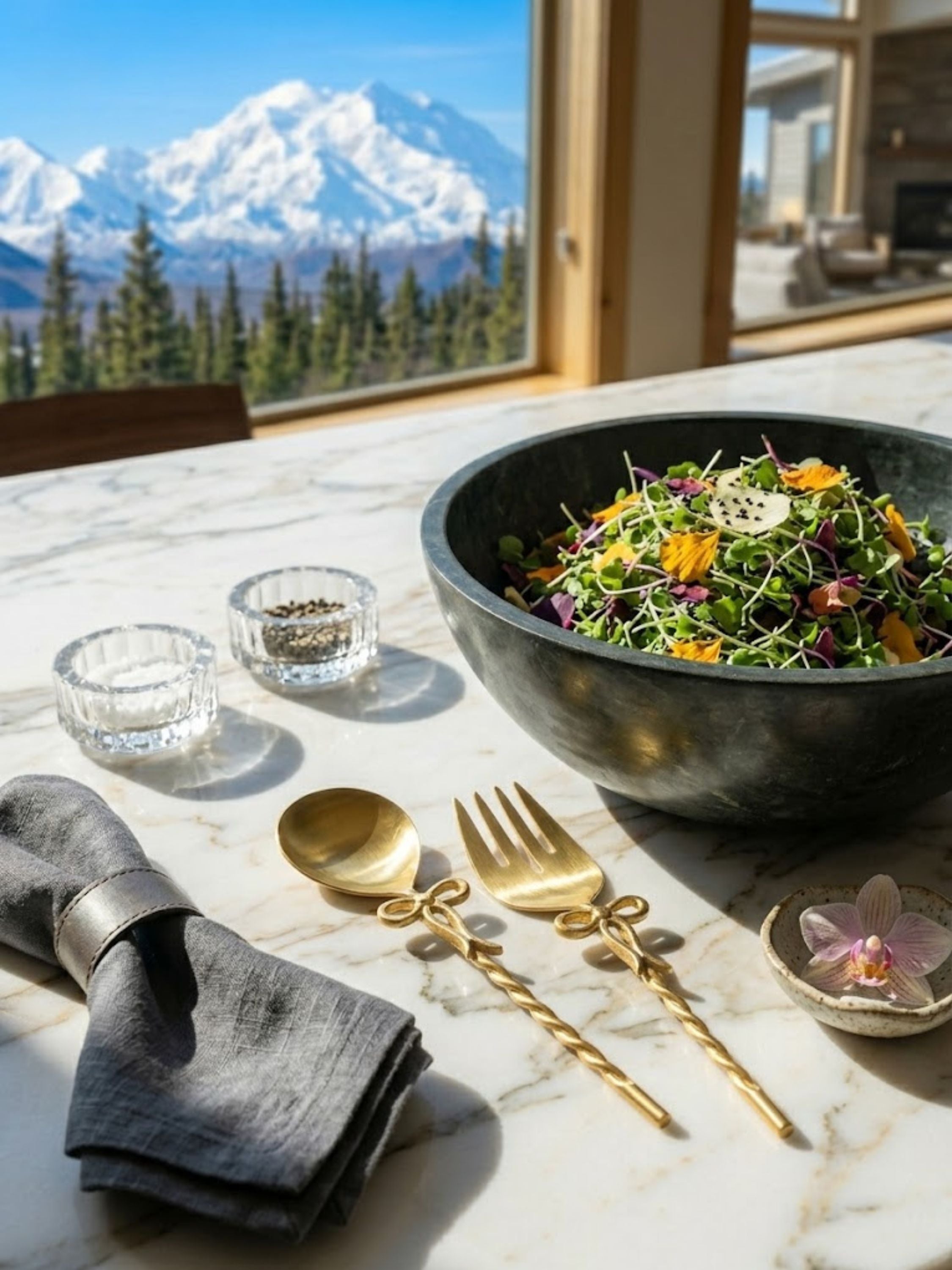 Imperial gold salad servers displayed beside a salad bowl with panoramic mountain views.