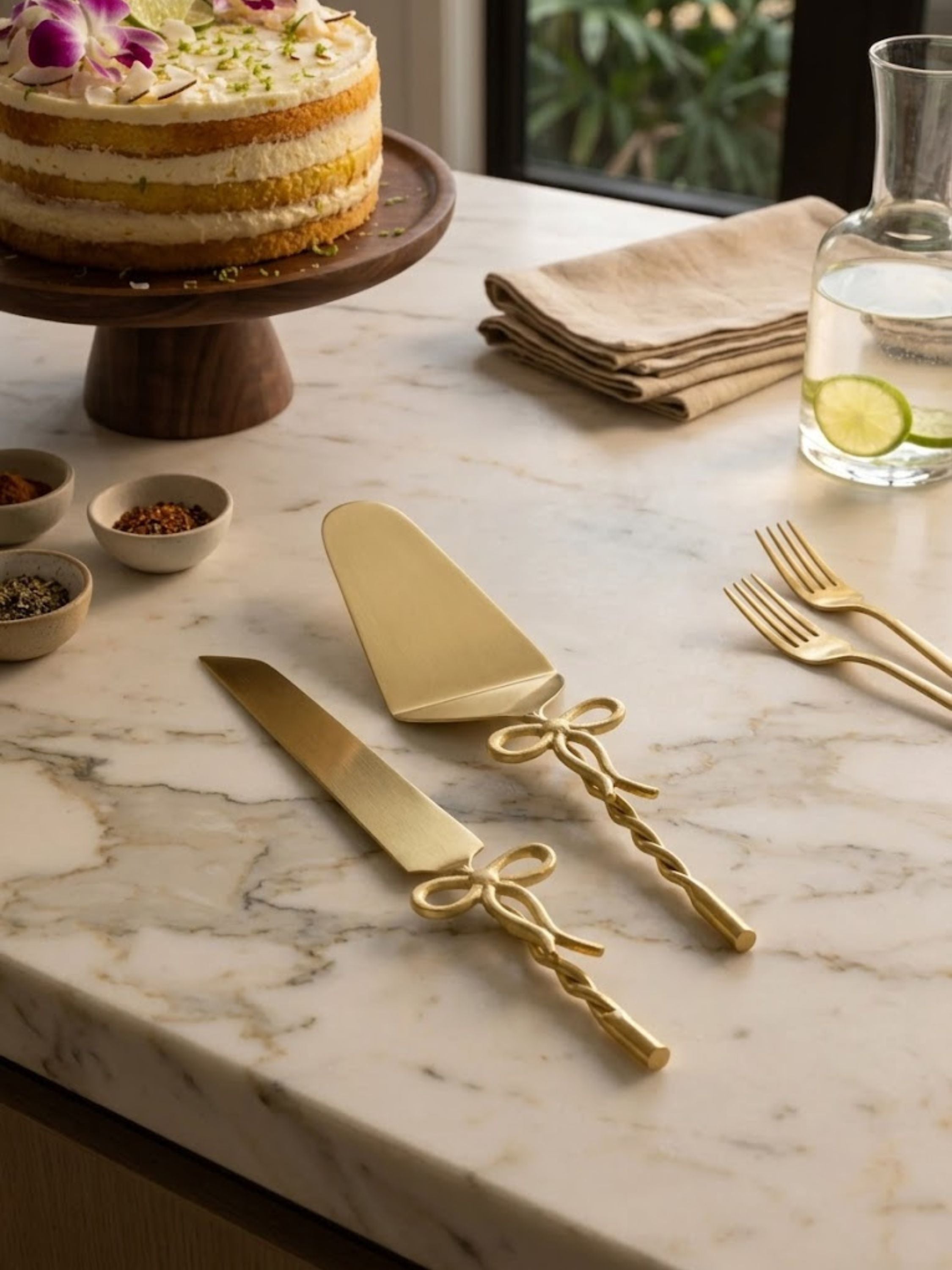 Imperial gold cake servers displayed on a marble countertop beside a cake stand, showing their twisted handles.