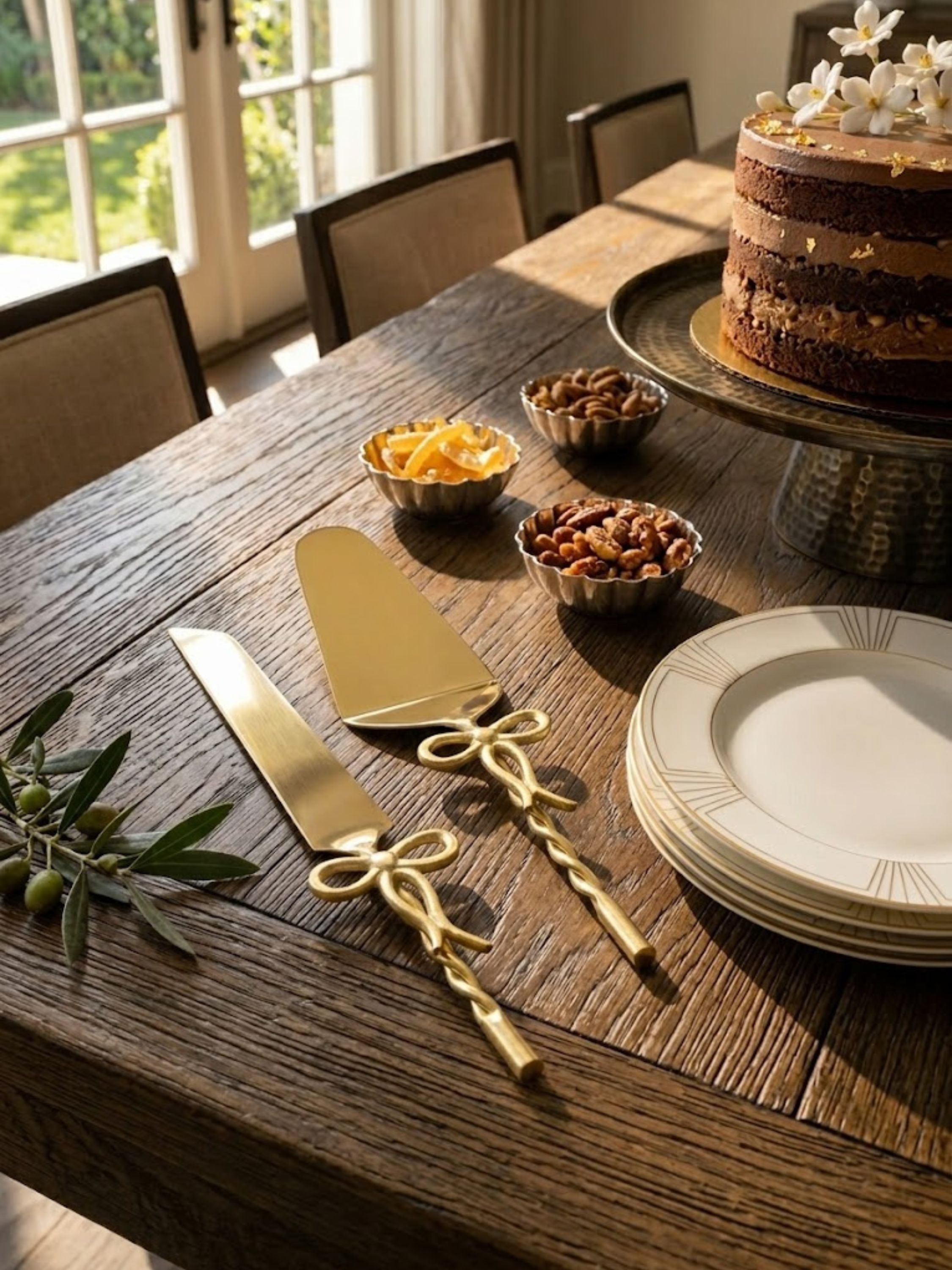 Imperial gold cake servers arranged on a rustic dining table beside a cake stand for a celebration.