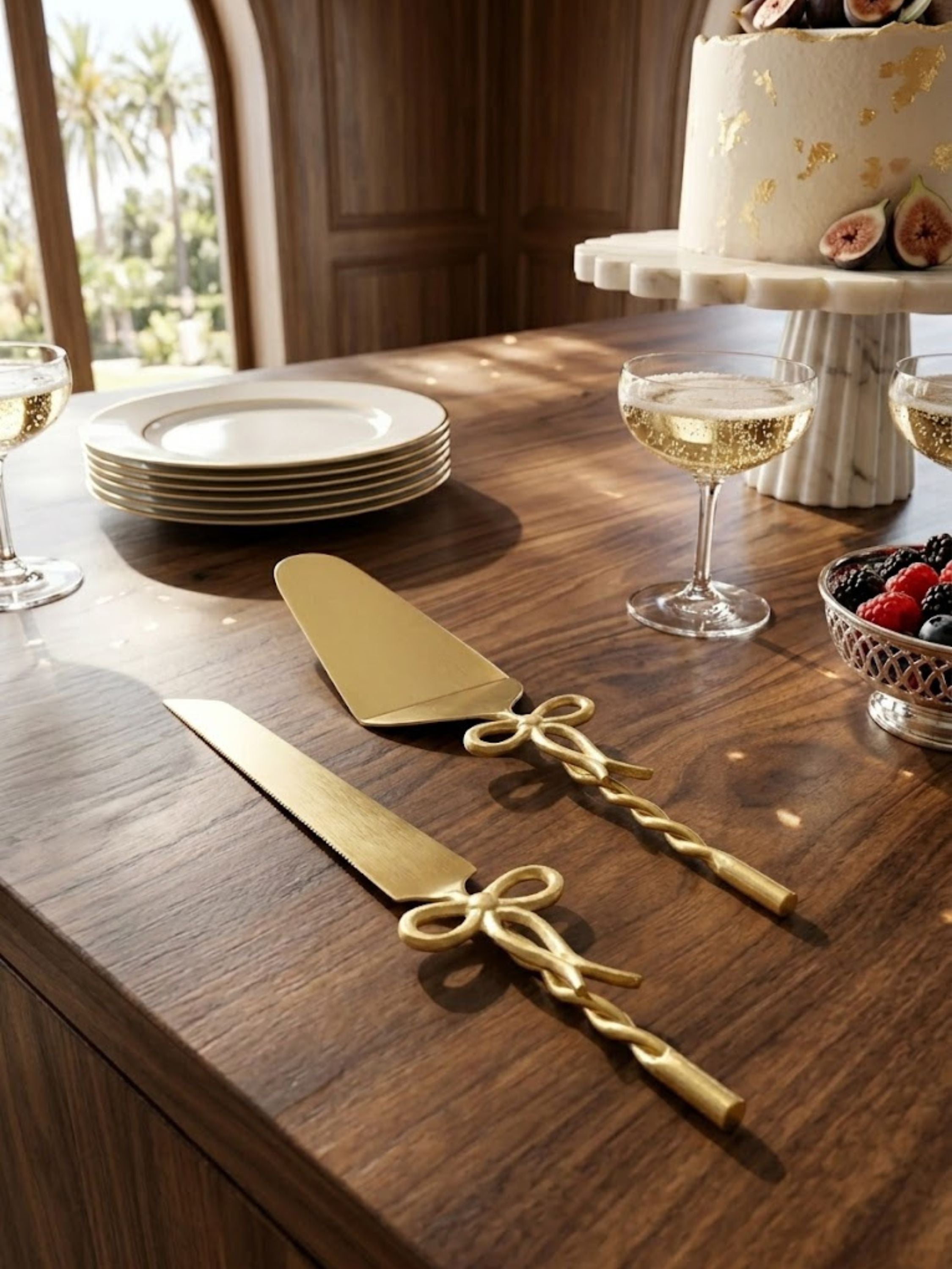 Imperial gold cake servers paired with a sculptural cake stand and sparkling wine, showing their twisted handles.