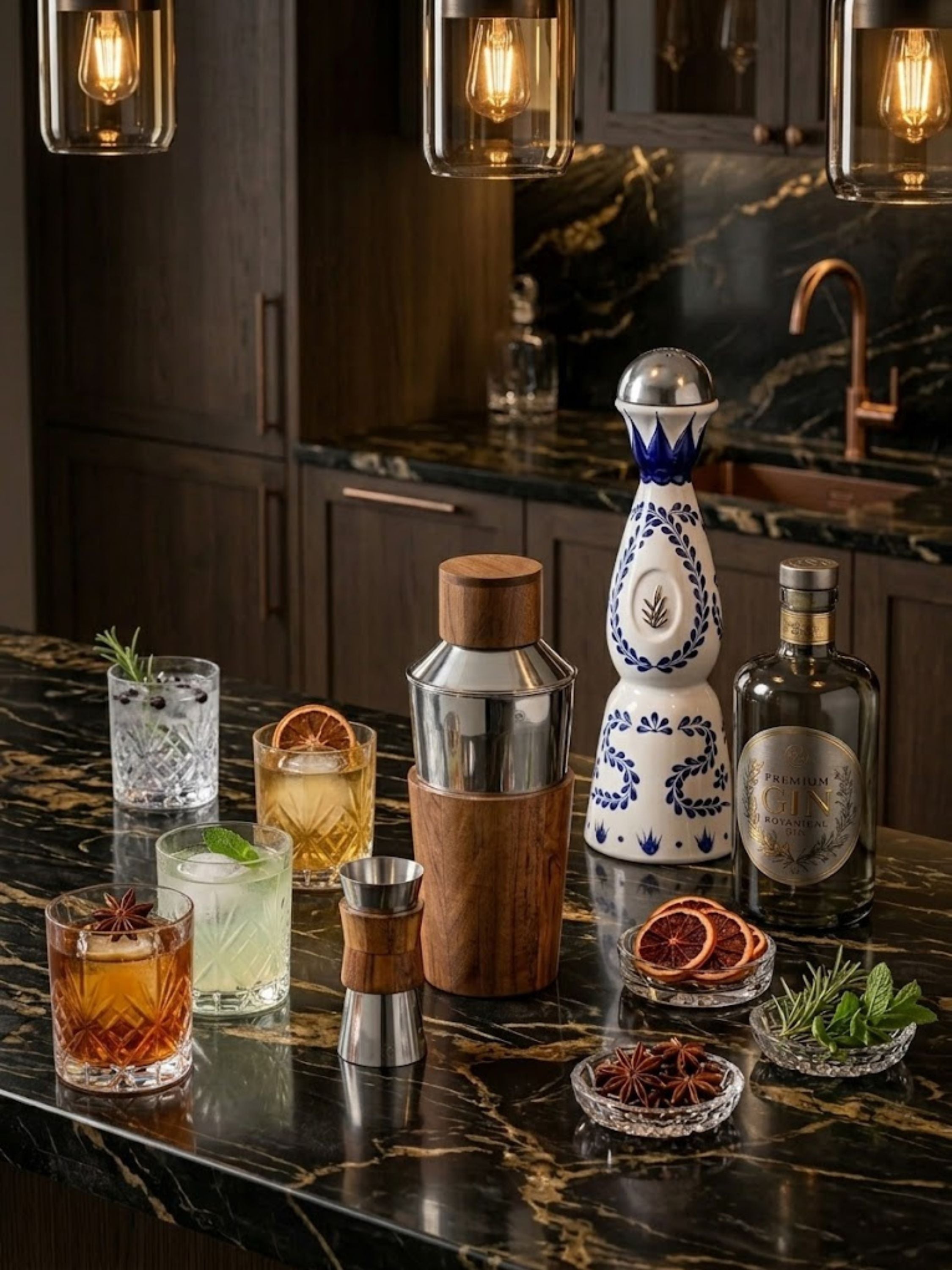 Chicago Cocktail Set displayed on a black marble home bar, featuring a wood and stainless steel shaker with matching jigger for elevated cocktail preparation and refined entertaining.