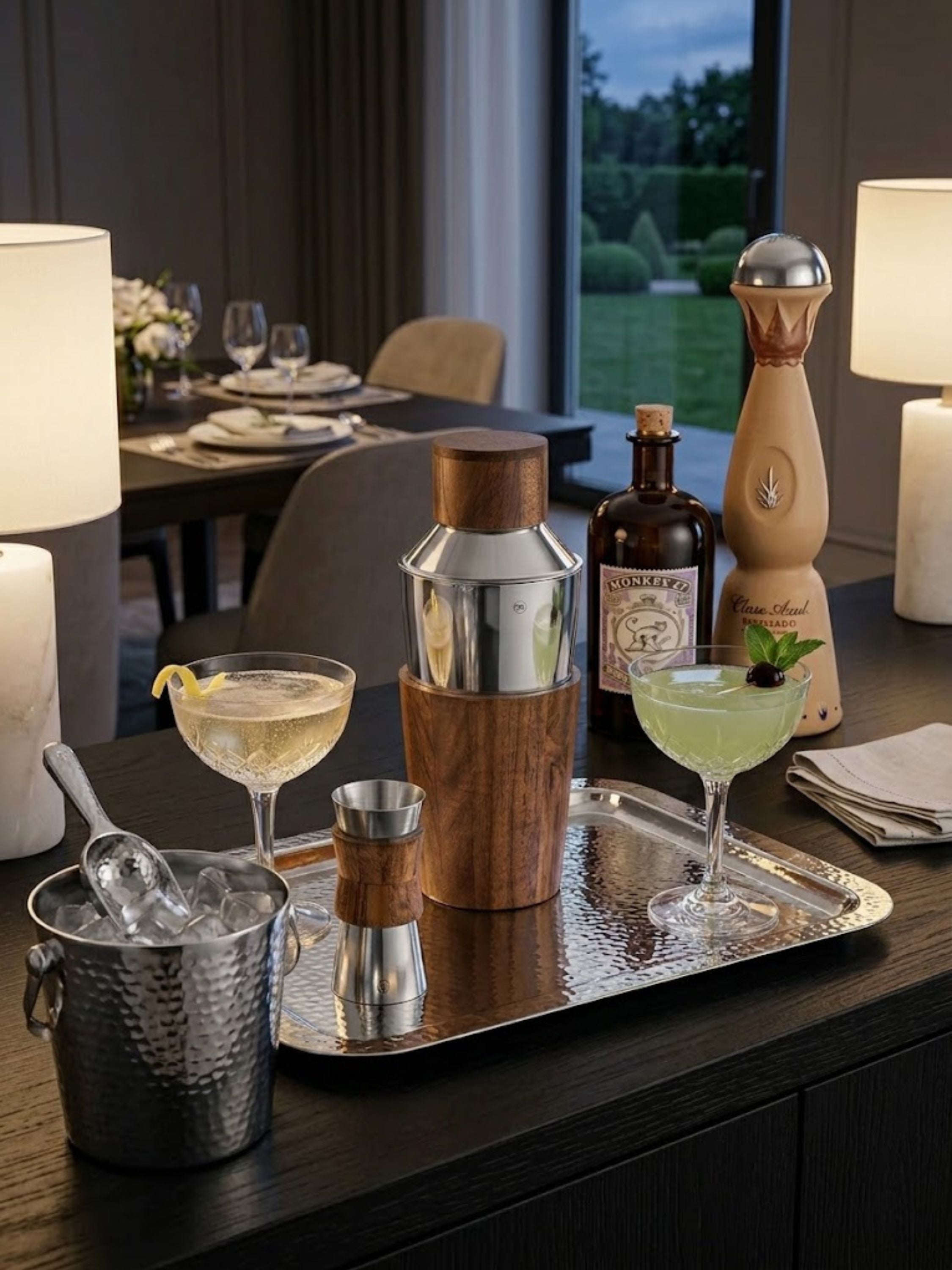 Chicago Cocktail Set arranged on a hammered serving tray with handcrafted cocktail glasses, showcasing a wood and stainless steel shaker and matching jigger for sophisticated home entertaining.