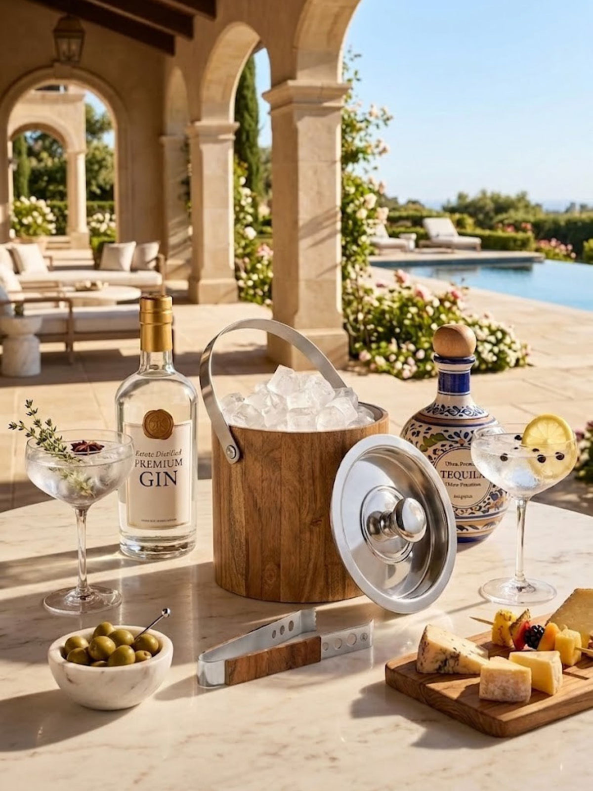 Wood and stainless steel ice bucket displayed for use at an outdoor home bar.
