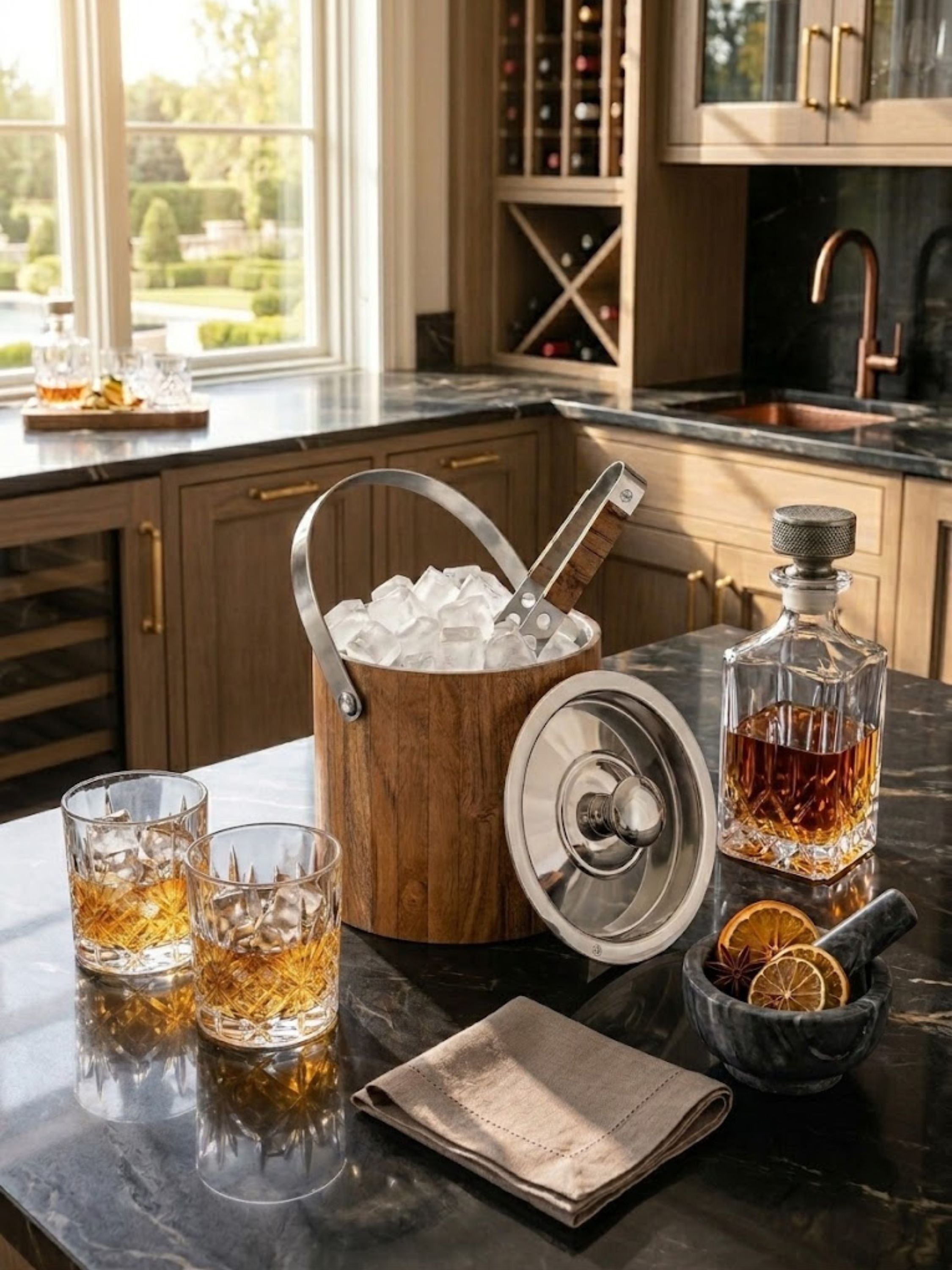 Chicago Ice Bucket displayed in an outdoor entertaining setting, showcasing a handcrafted wooden exterior with stainless steel liner, lid, and ice tongs for refined alfresco cocktail service.