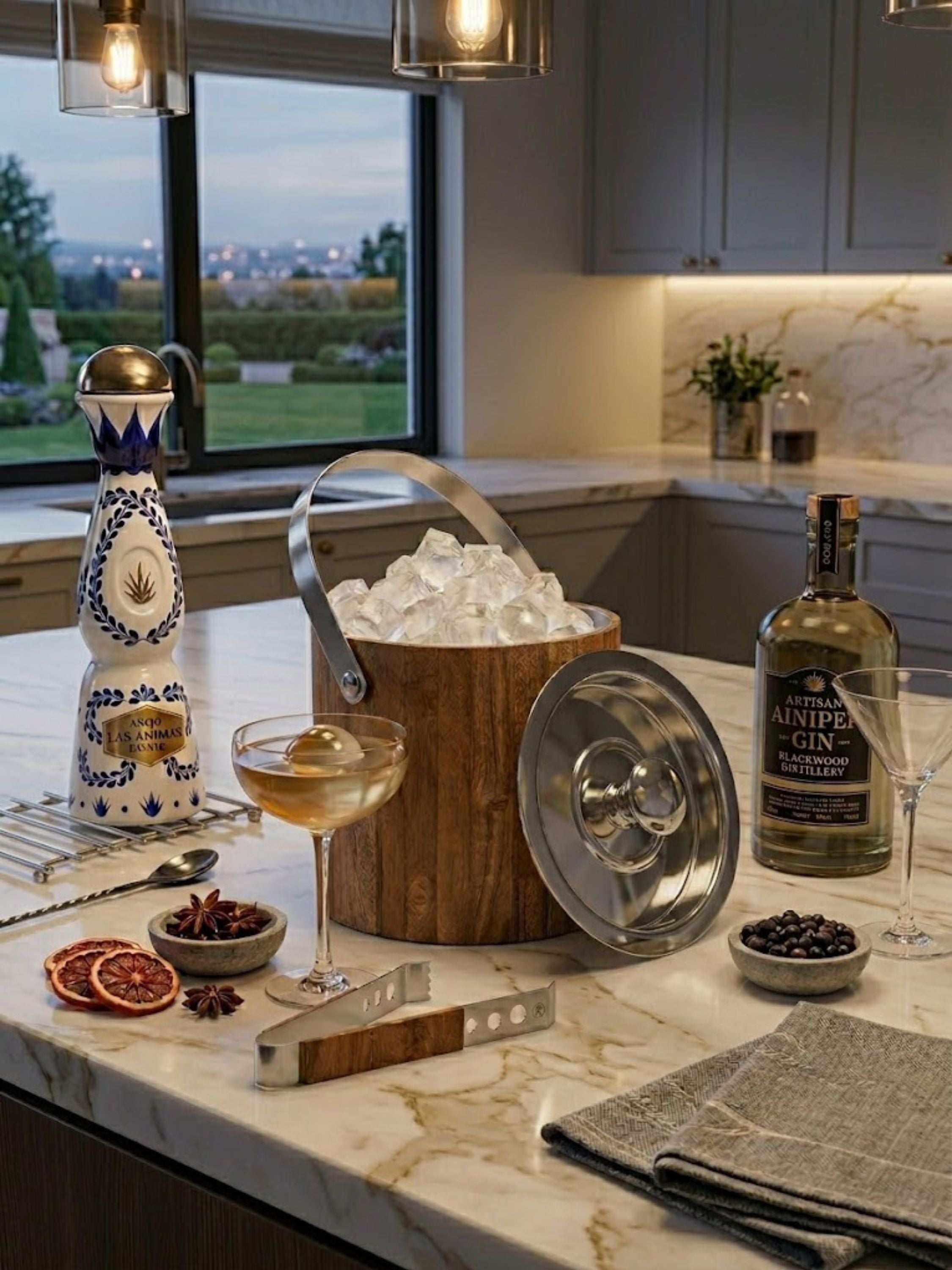 Chicago Ice Bucket displayed on a marble countertop with premium spirits and cocktail glassware, featuring a handcrafted wooden exterior, stainless steel liner, fitted lid, and matching ice tongs.