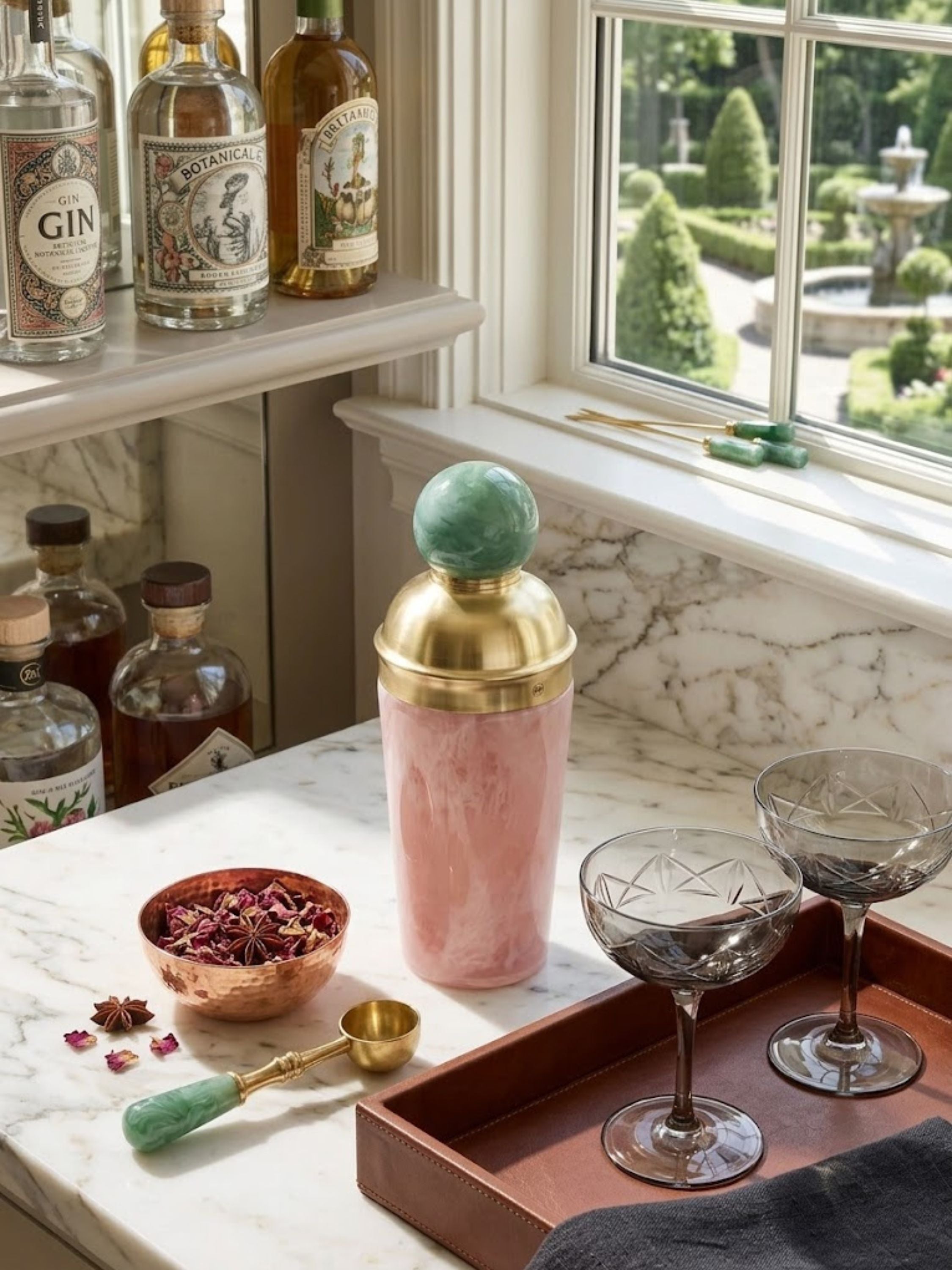 Copenhagen marbled resin cocktail shaker showcased on a luxury drink station with premium spirits and glassware, creating a sophisticated home bar atmosphere.