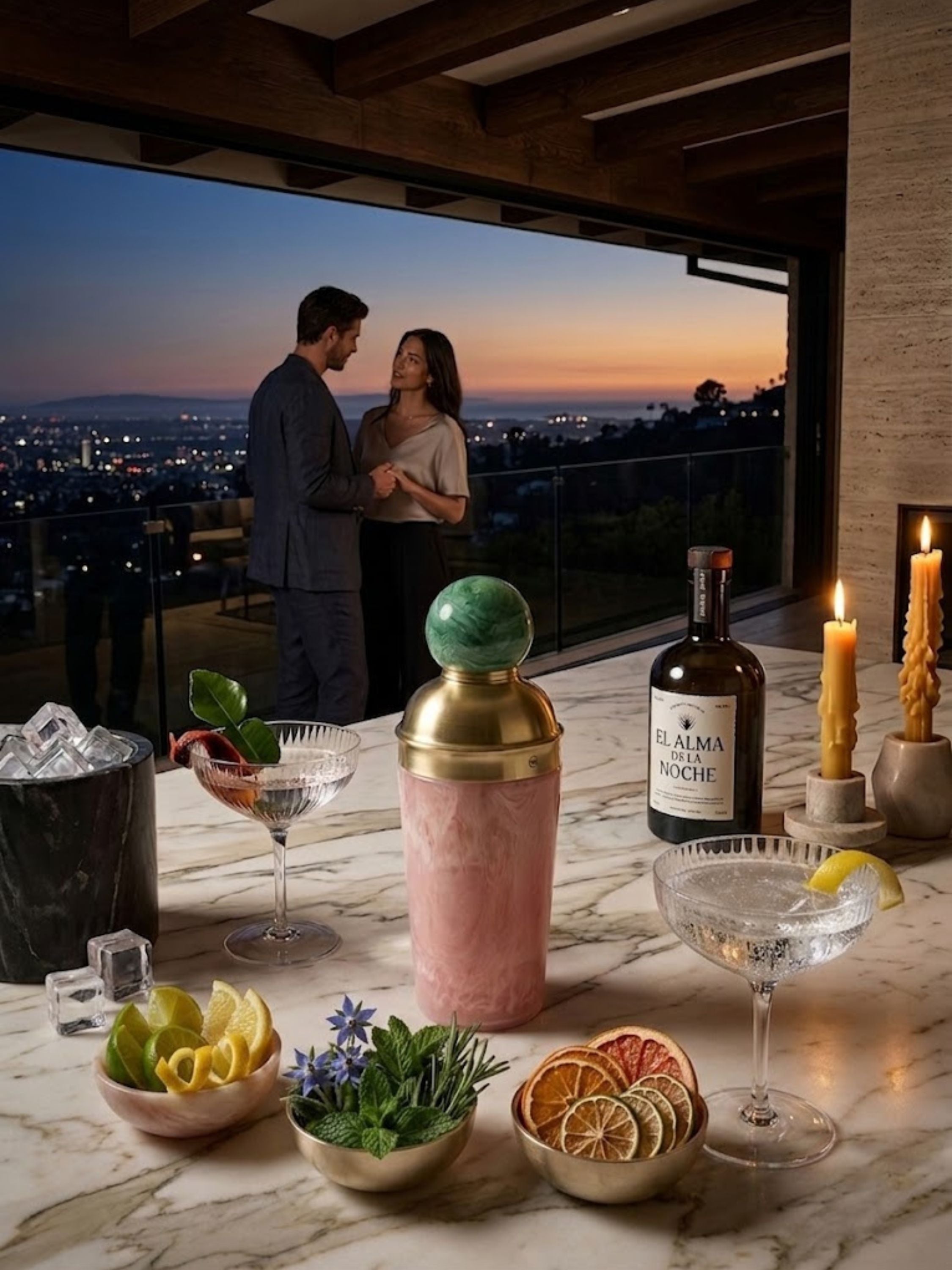 Copenhagen marbled resin cocktail shaker styled on a sunset terrace with handcrafted cocktails, creating a warm and inviting atmosphere for outdoor gatherings.
