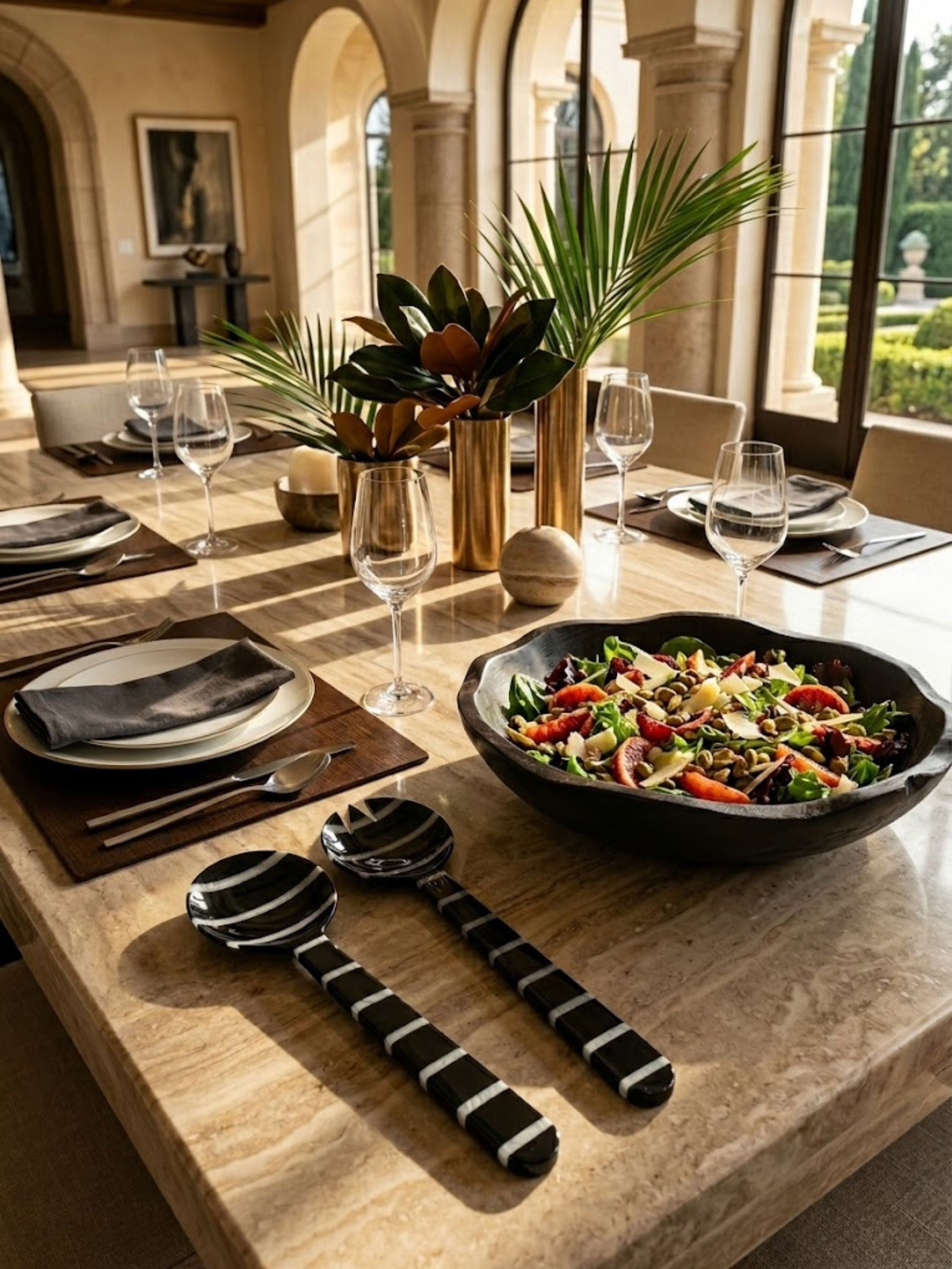 Cox resin salad servers displayed on a contemporary dining table with sculptural tableware and fresh seasonal salad, creating an elevated gathering experience.