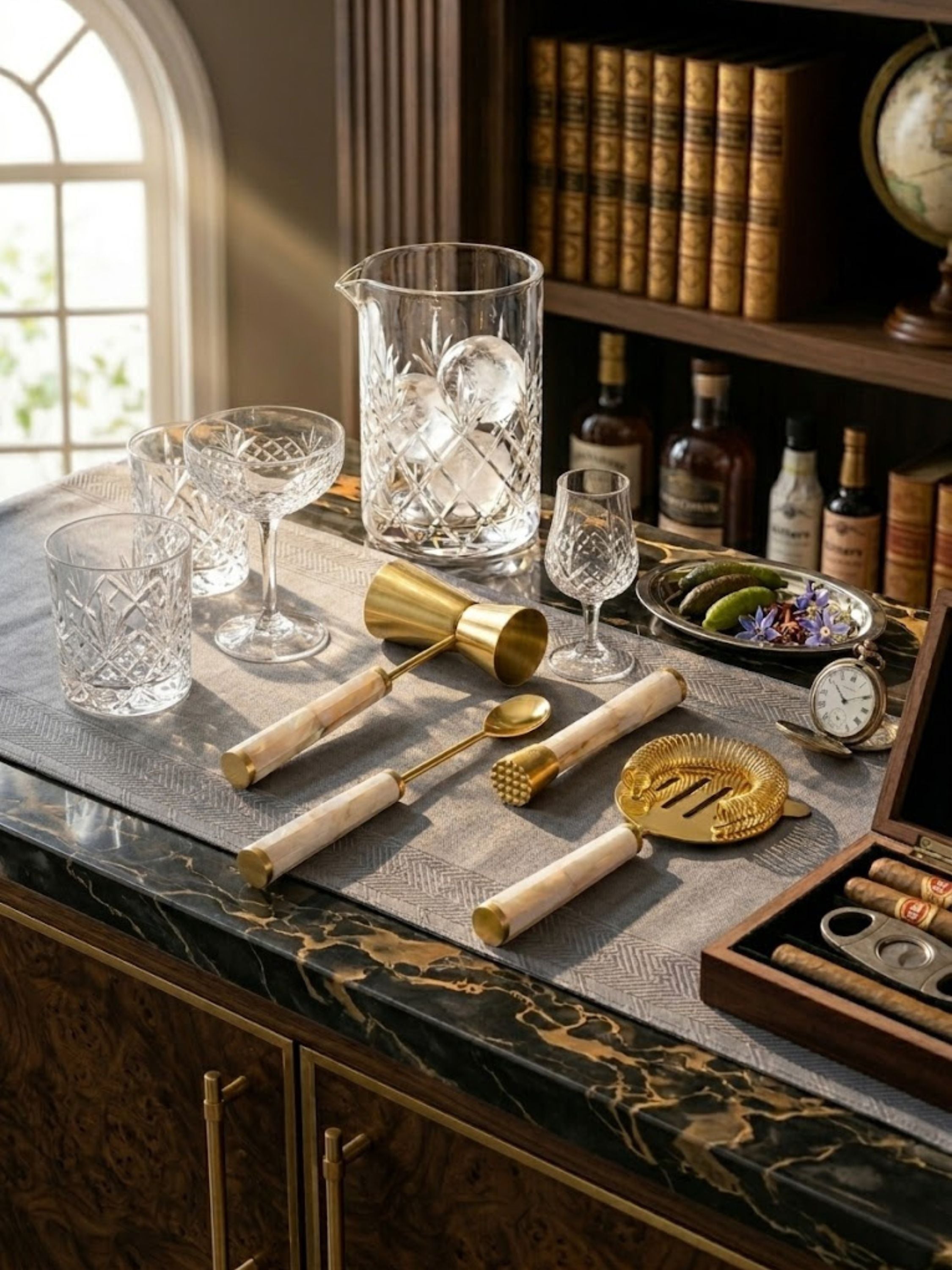 Darzi mother of pearl bar tools displayed within a curated cocktail station, bringing sculptural detail and polished presentation to the art of mixology.