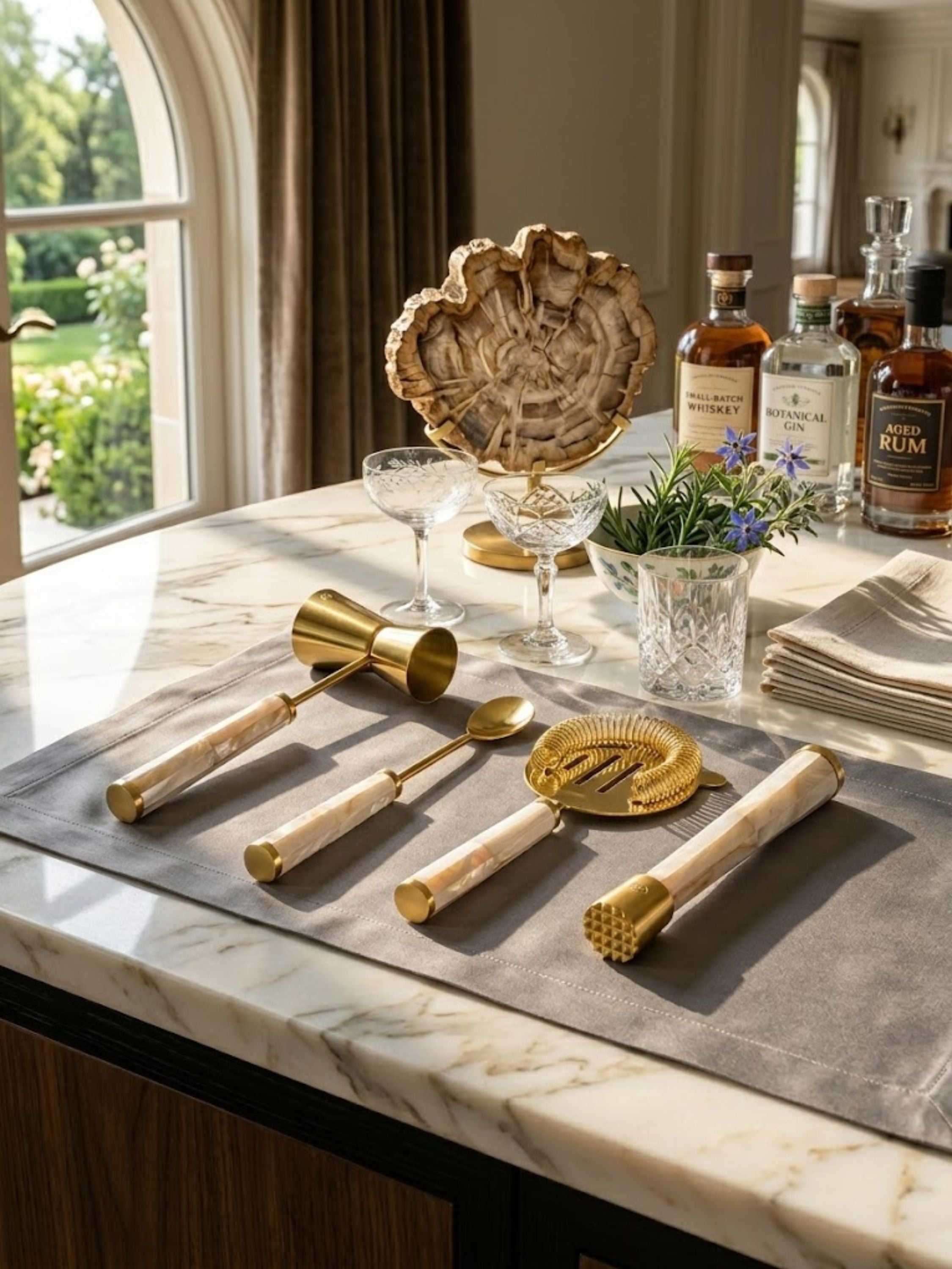 Darzi mother of pearl bar tools presented in a sophisticated entertaining setting, combining luminous mother of pearl accents with warm brass elements and crystal glassware.