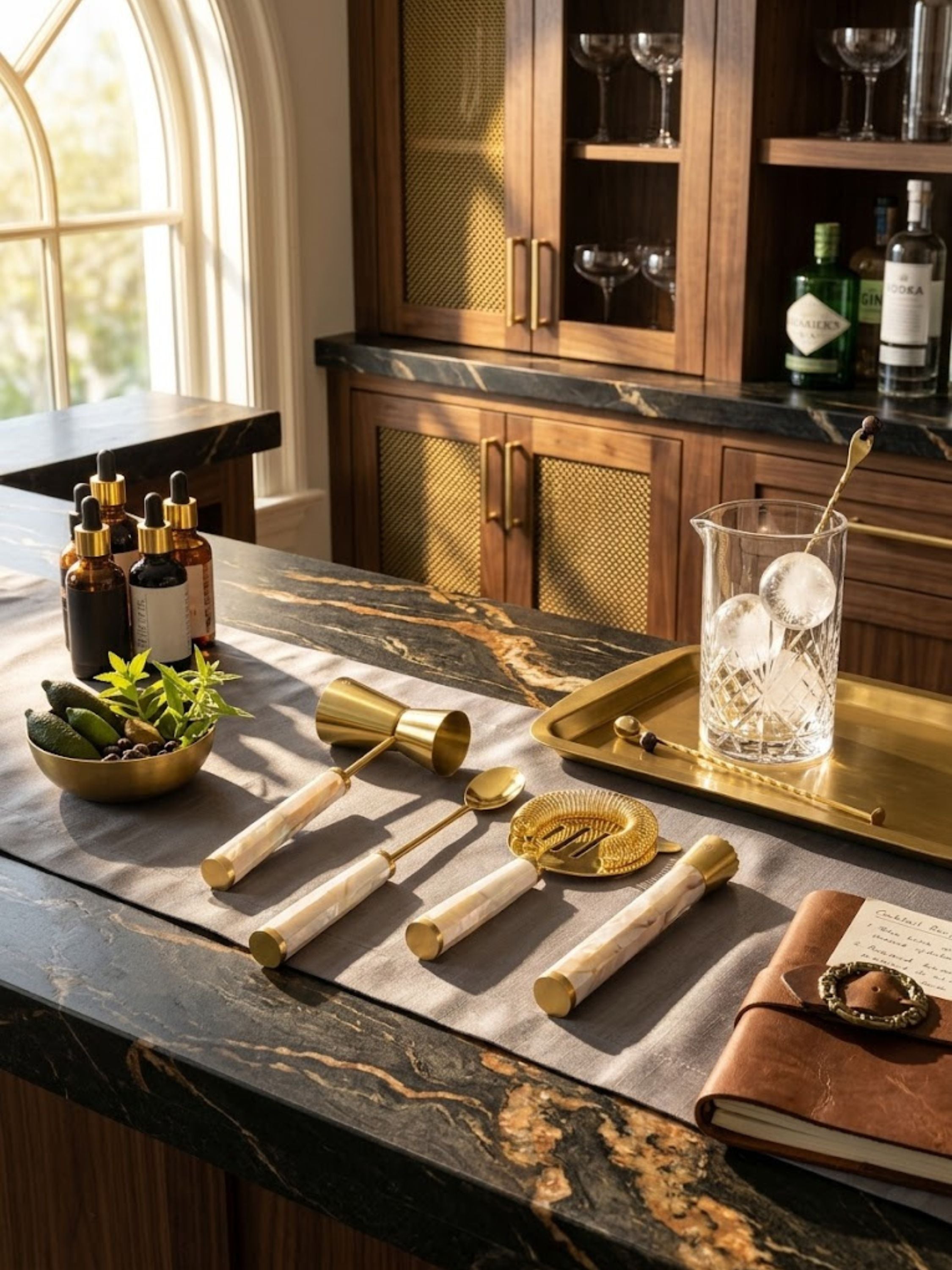 Darzi mother of pearl bar tools styled beside premium spirits and cocktail garnishes, offering a distinctive finishing touch to a thoughtfully appointed home bar.