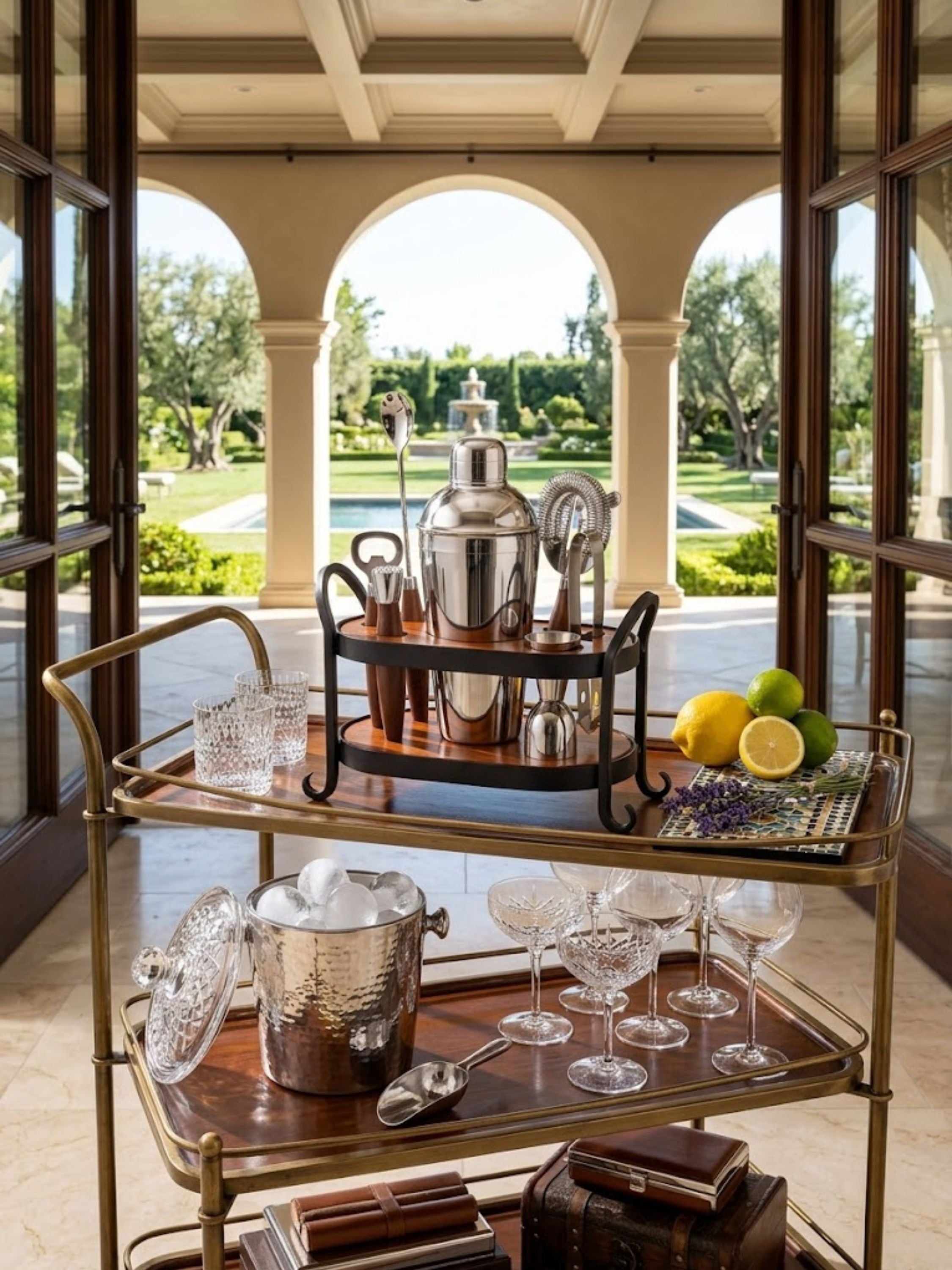 Charley bar tools set displayed on a curated brass bar cart, combining polished metal finishes and warm wood accents for elevated home entertaining.