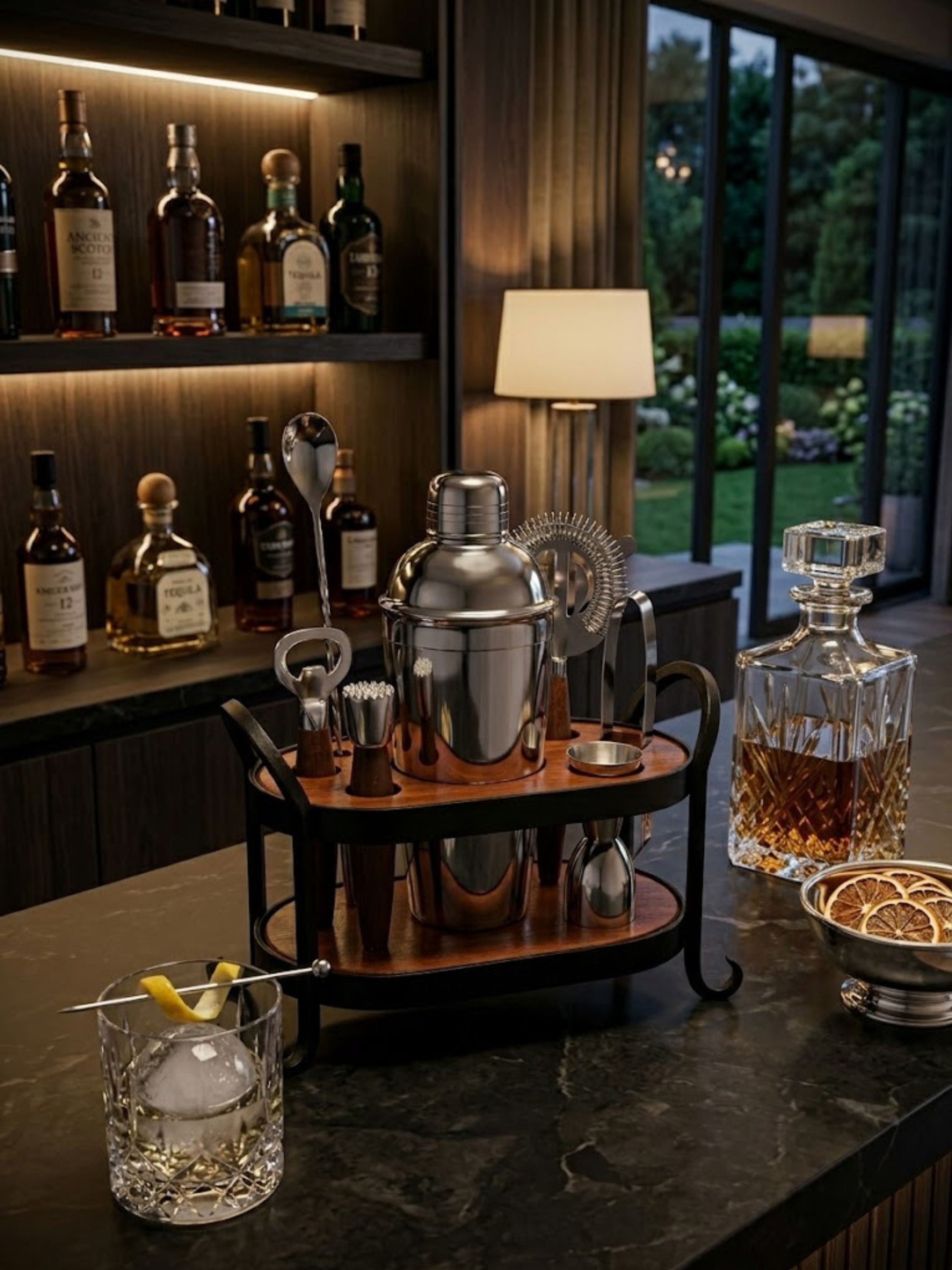 Charley bar tools set arranged on a contemporary home bar, pairing stainless steel craftsmanship with warm wood details for evening cocktail service.