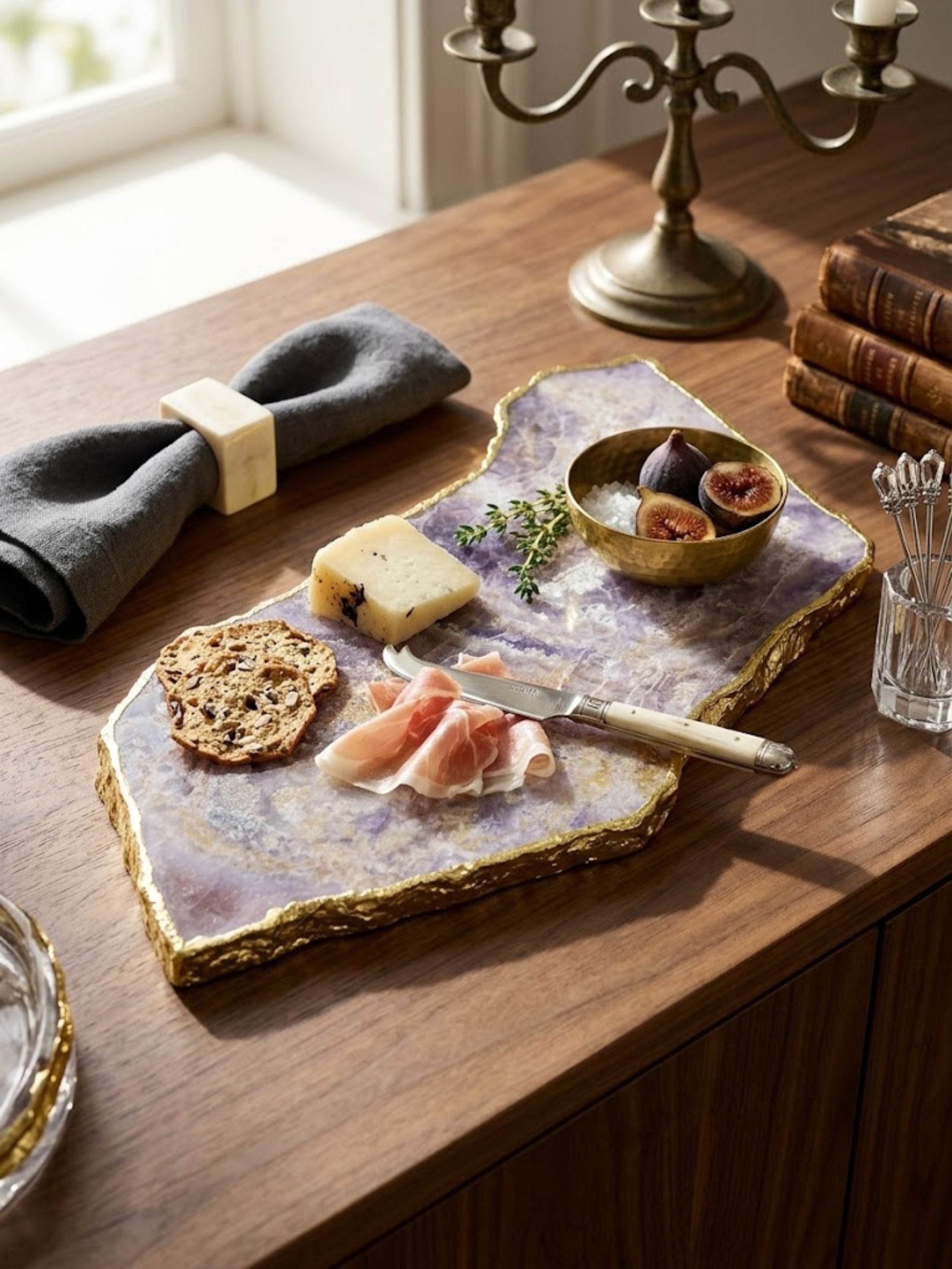 Amethyst stone cheese board with a gilded edge, styled on a console table.