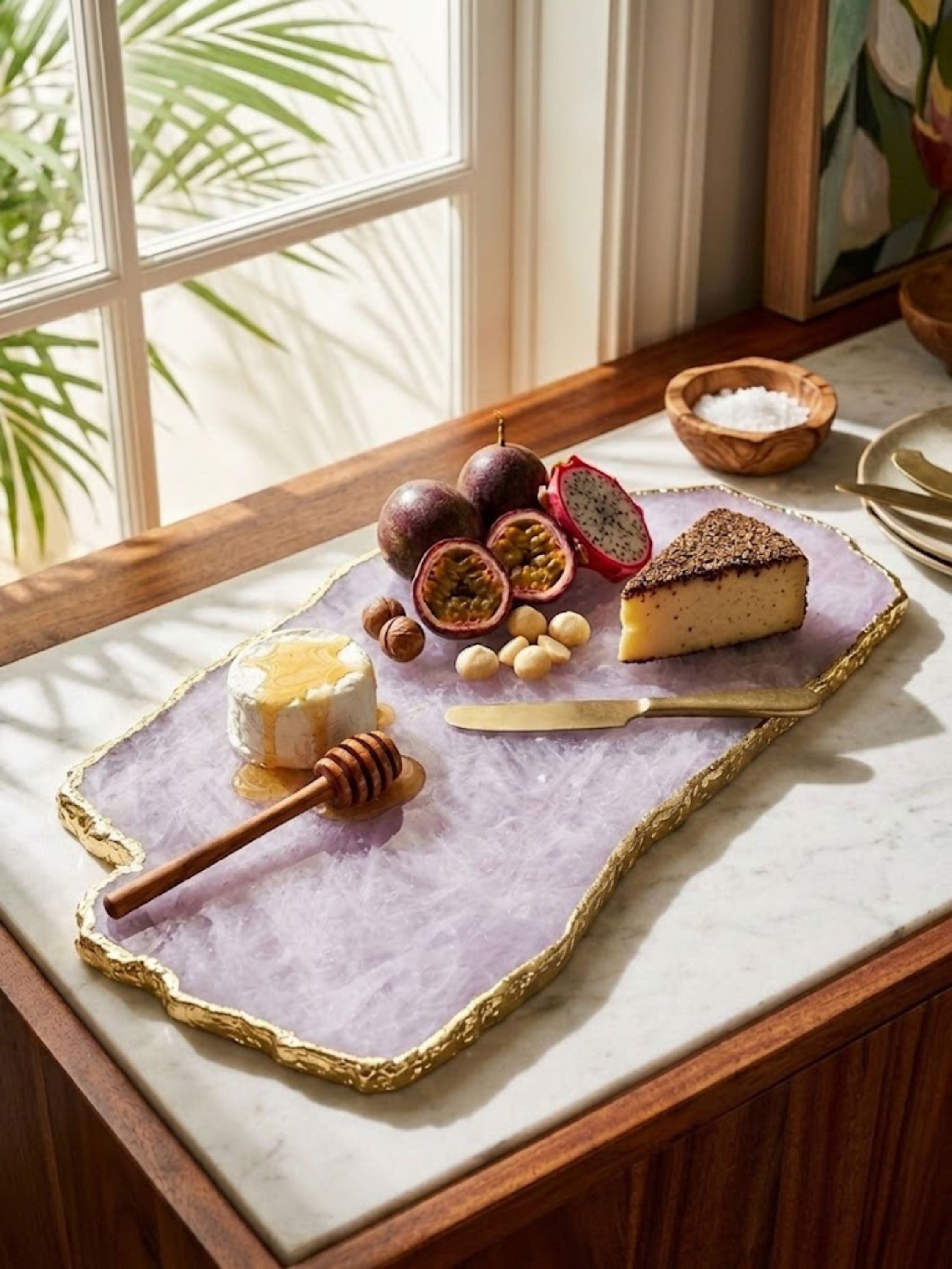 Rose quartz stone cheese board with cloud veining, styled on a kitchen counter.