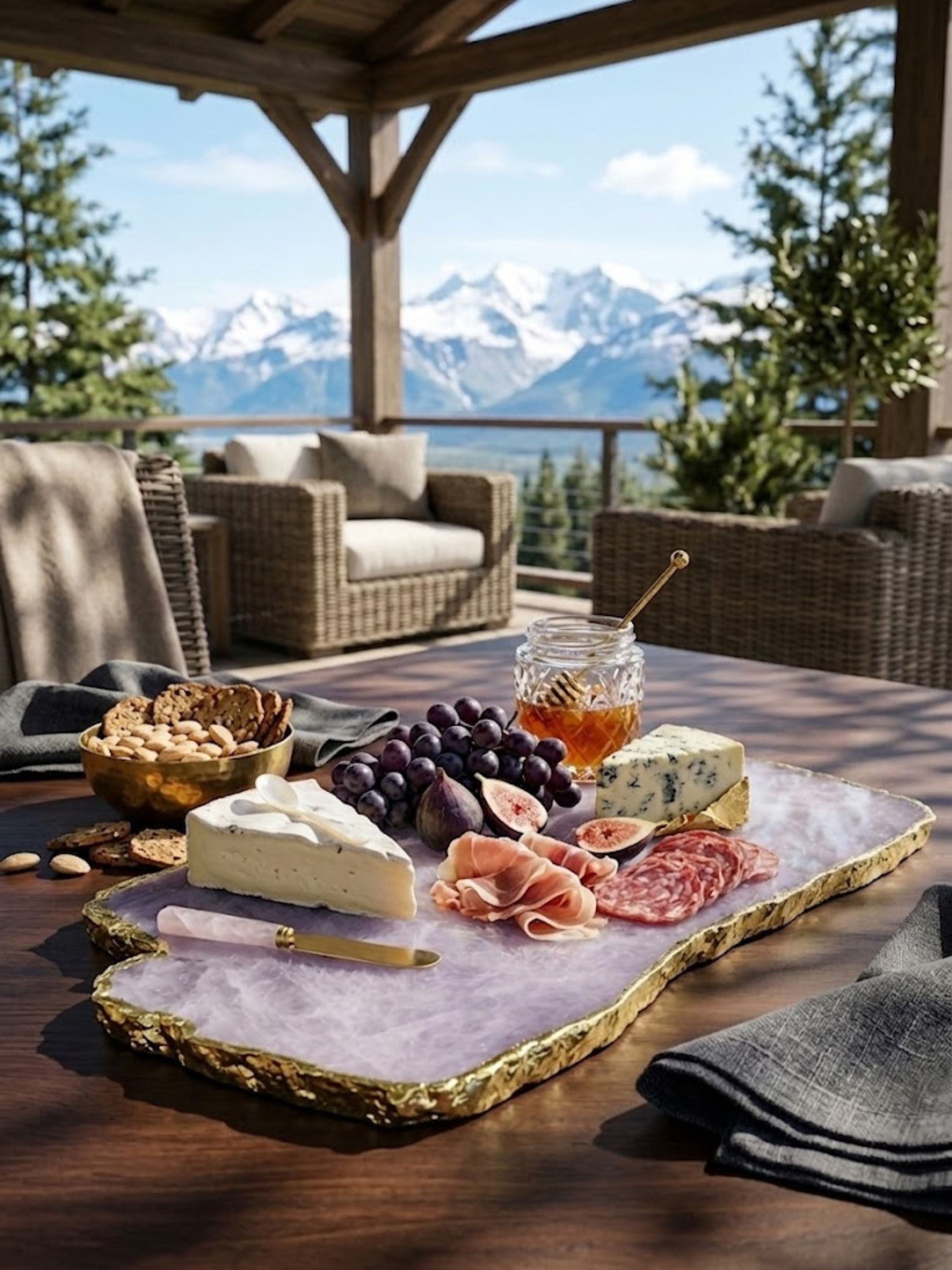 Rose quartz stone cheese board with a freeform edge, styled on an outdoor terrace.
