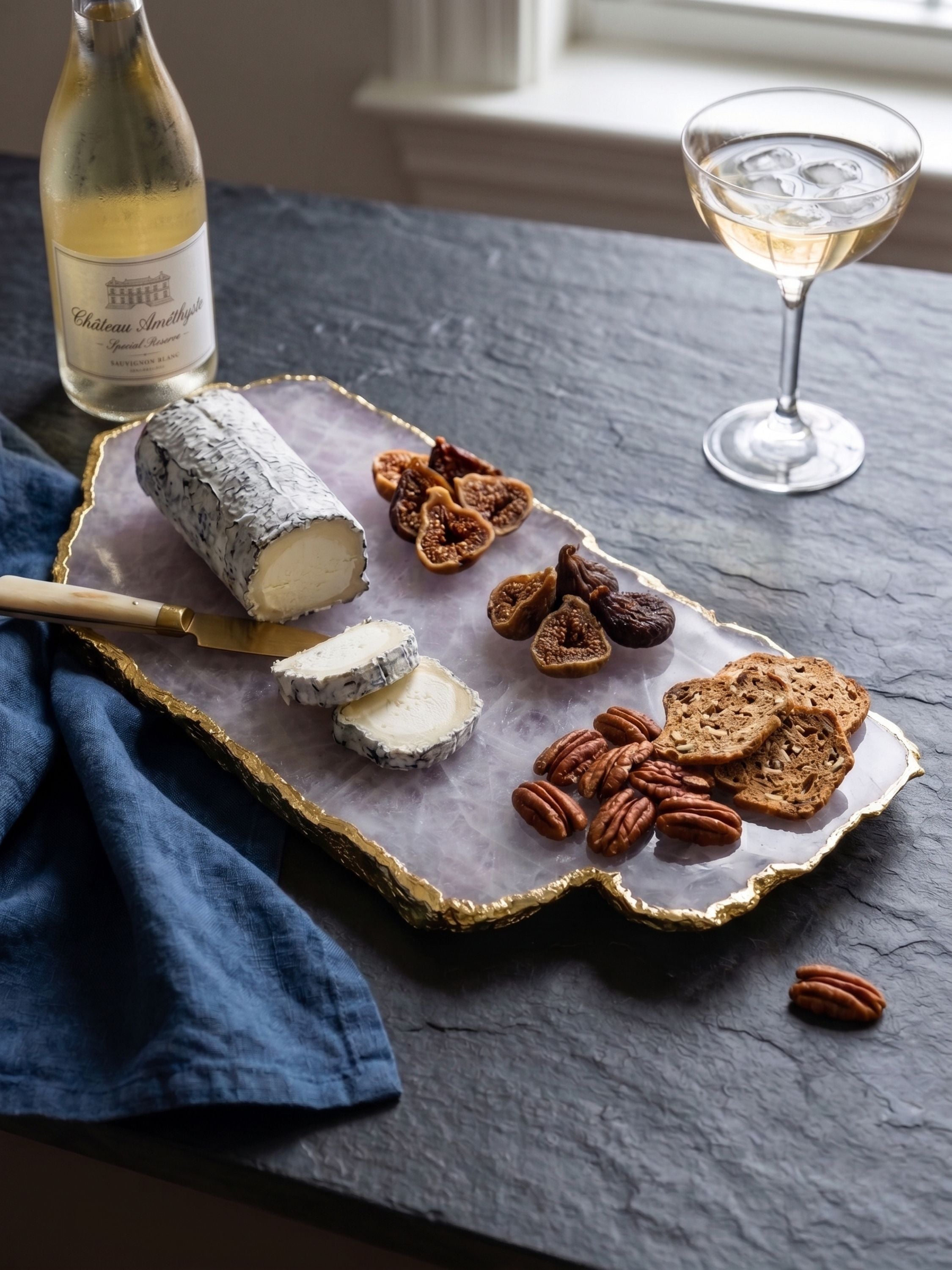 Rose quartz cheese board with gold edge styled with cheese, nuts, and wine in an elevated serving setting